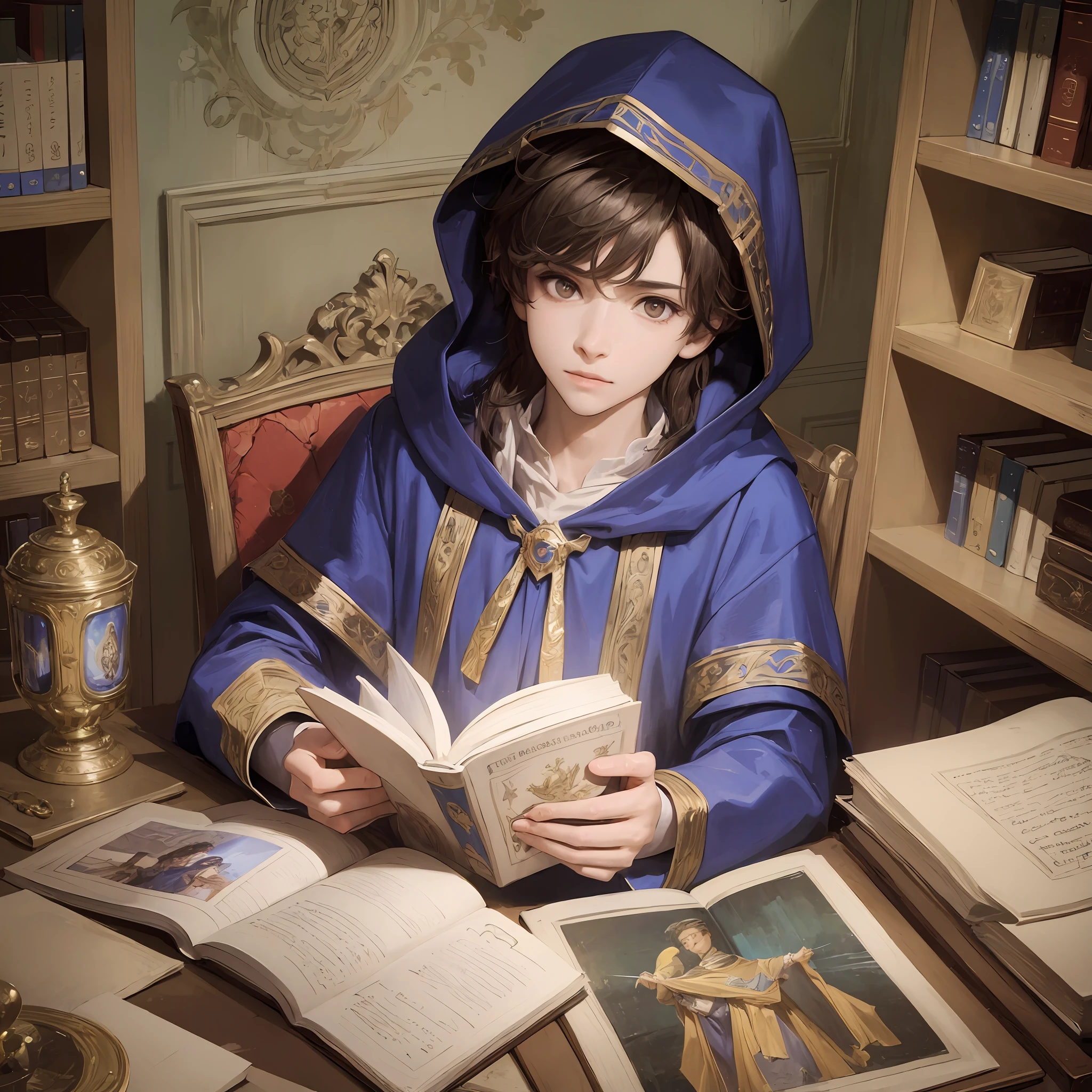 (masterpiece:1.2),textbook,young wizard,boy,brilliant brown eyes,blue robe with hood,reading on the table,magic shadows,ink from the book form a magical oblaka,lights around the young wizard. --auto --s2