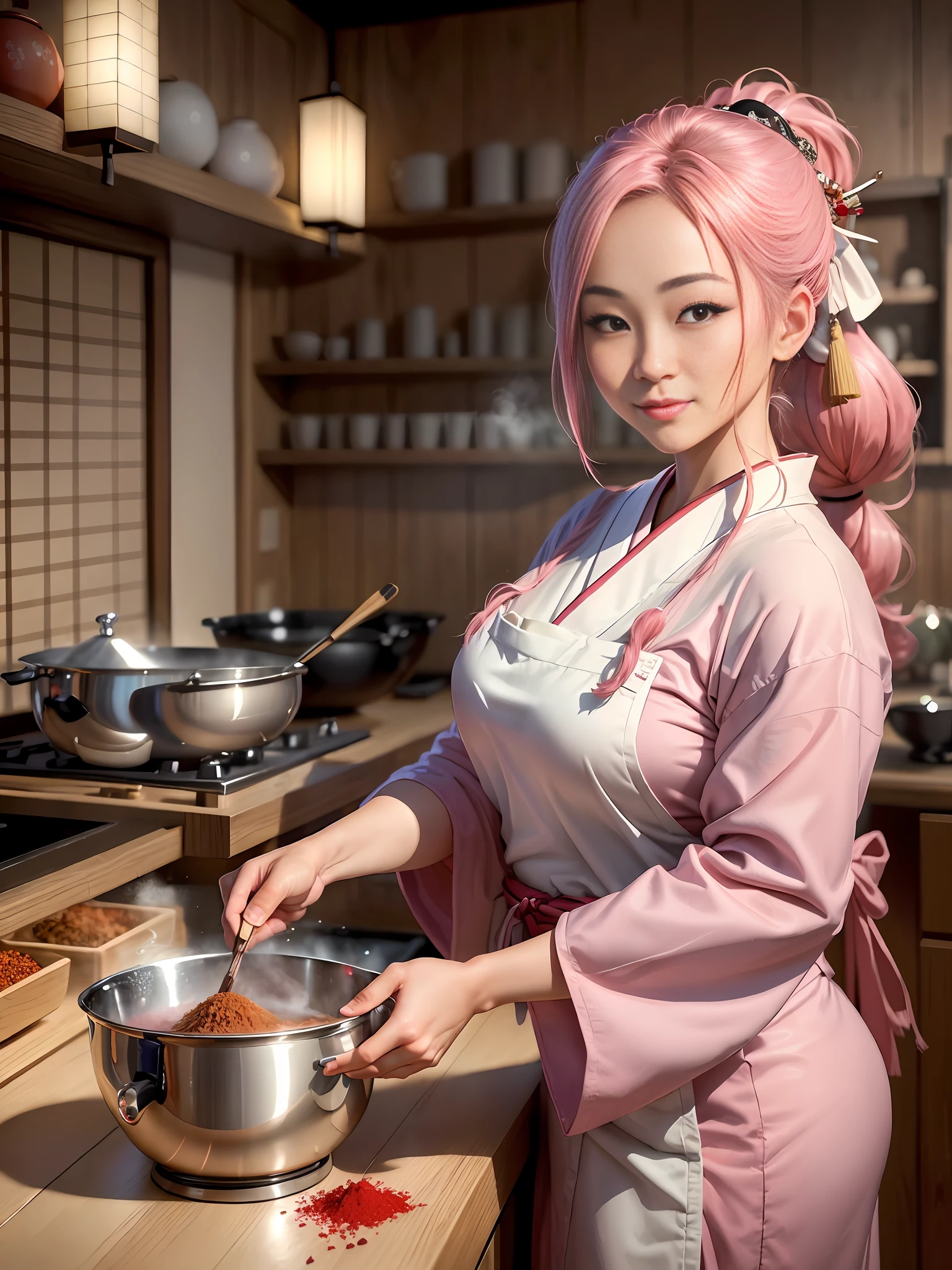 "The highest quality in 8k, RAW photos, hyper-realistic and photorealistic, a beautiful Japanese chef with flowing hair, silky skin, large breasts, fleshy lips, wearing a sexy pink white low-cut kimono apron, is smiling and preparing sushi and poses for the photo in a kitchen. ((details in the surroundings and in the background with spices on shelves, traditional Japanese environment, volumetric lighting, sharp focus)" (en)