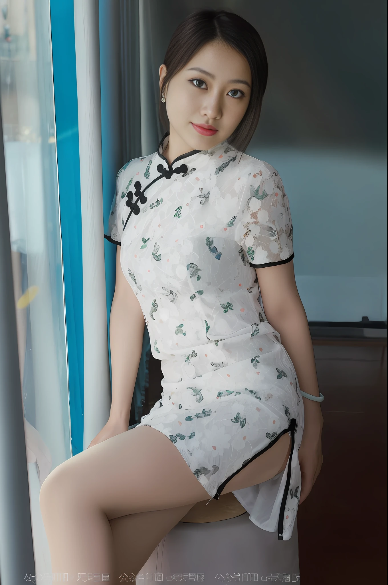 Asian woman wearing short skirt sitting on stool, cheongsam, Chinese costume, Chinese girl, Chinese costume, smooth white tights suit, gorgeous Chinese model, Chinese costume, Chinese style, wearing red cheongsam, beautiful face with arms and legs, Chinese woman, Chinese traditional clothing, white lace