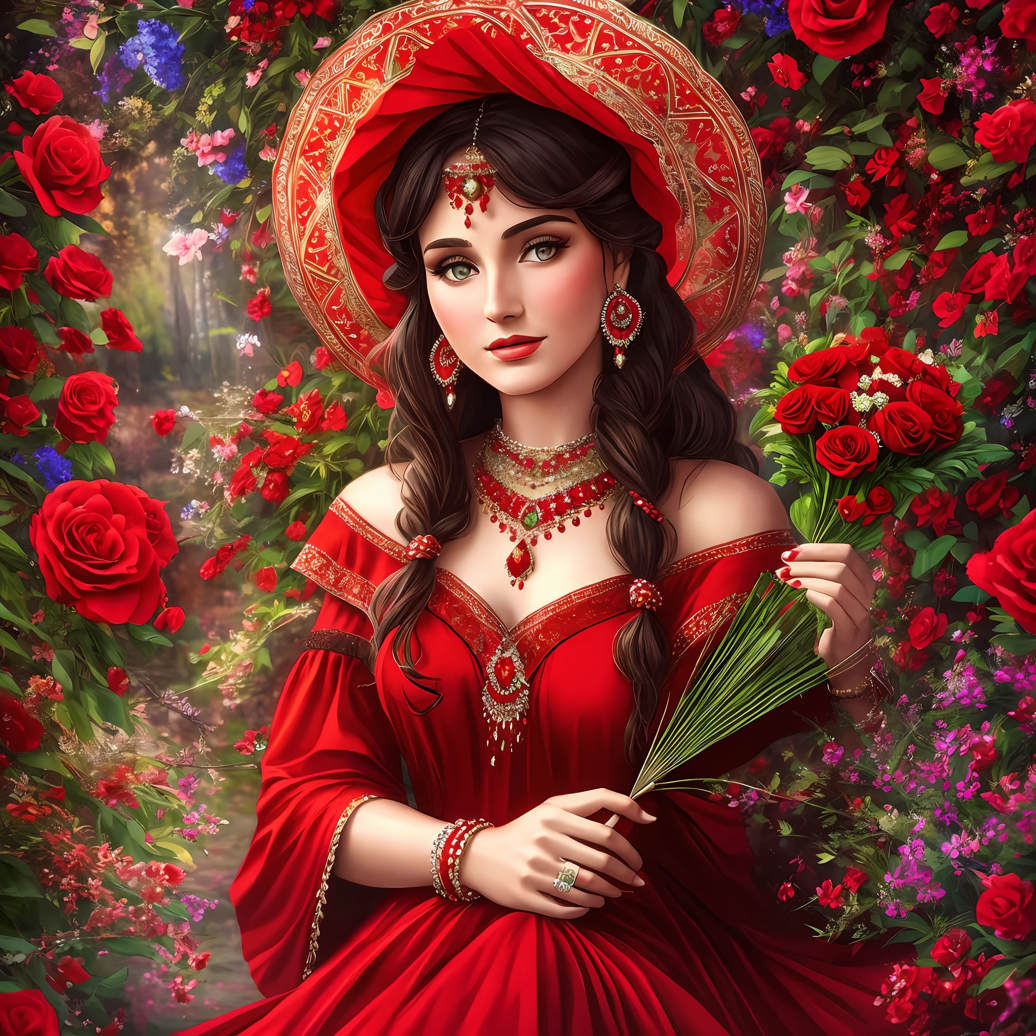 Gypsy with red dress, fan, jewelry, flowers, magical scene, realistic, 8k ,