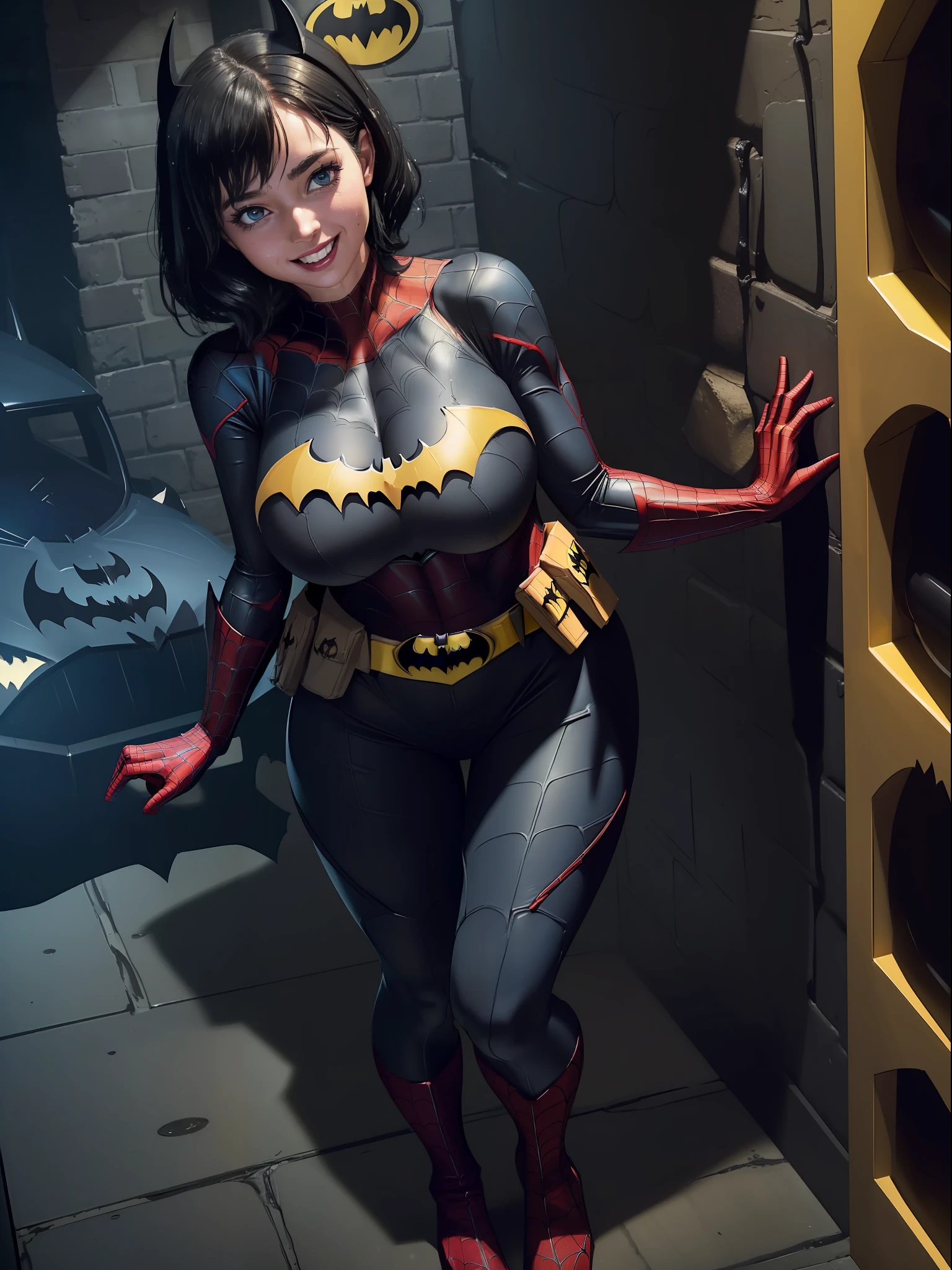 (Full body image:1.4), (Laurana/Woman:1.5), (Big breasts:2), (Wearing batman+Spider-Man costume/with yellow belt:1.5), (looking at the viewer/smiling:1.3), (She's inside the BatCave in front of the BatMobile:1.5), (She has short black hair:1.3), (light blue eyes:1.3), (her costume is an extremely tight body:1.4), (doing sexy poses while standing:  1.2), (body/hair/extremely wet: 1.1), (award-winning, UHD, anime, high detail, 16k, high quality, masterpiece)
