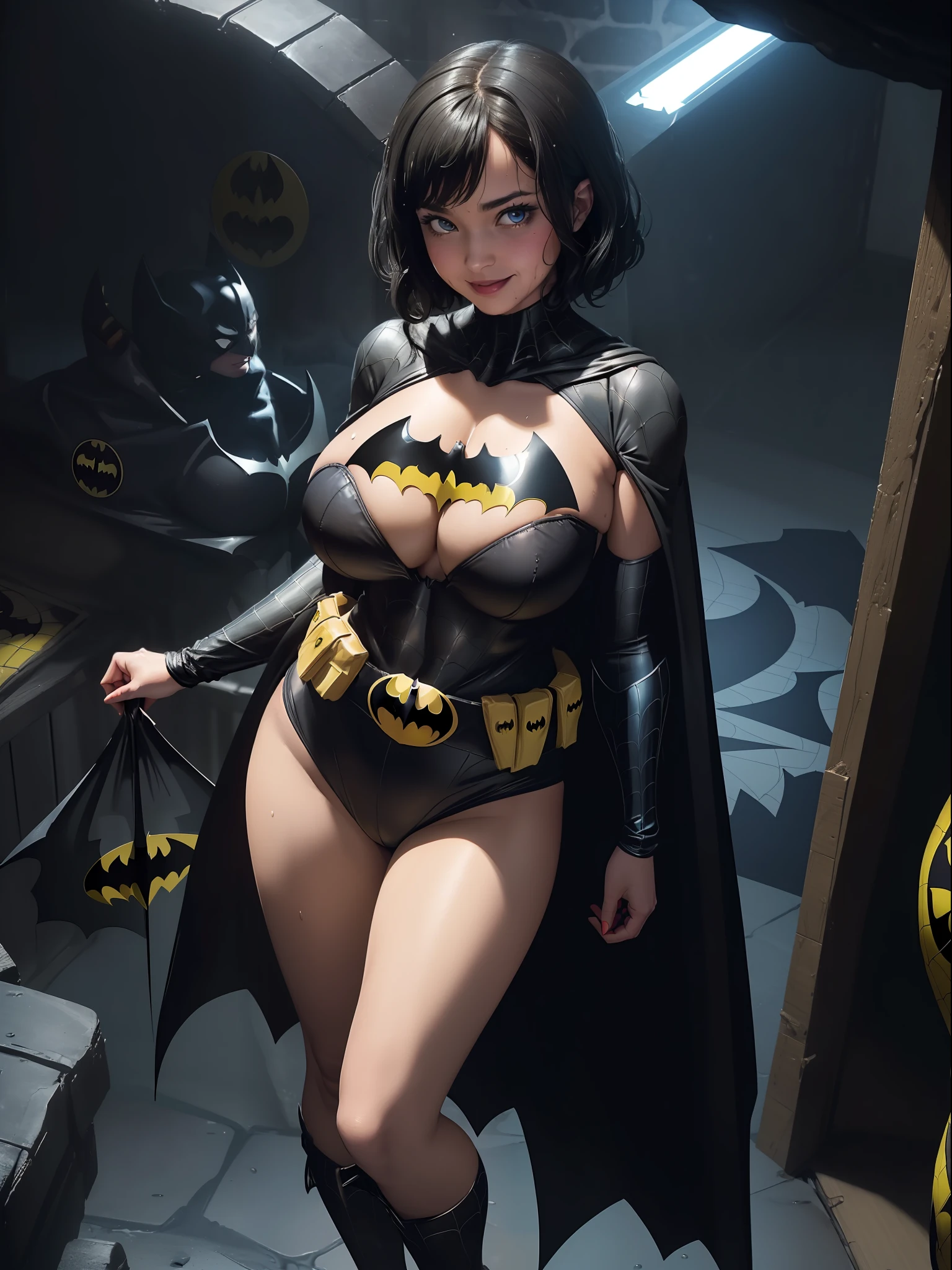 (Full body image:1.4), (Laurana/Woman:1.5), (Big breasts:2), (Wearing batman+Spider-Man costume/with yellow belt:1.5), (looking at the viewer/smiling:1.3), (She's inside the BatCave in front of the BatMobile:1.5), (She has short black hair:1.3), (light blue eyes:1.3), (her costume is an extremely tight body:1.4), (doing sexy poses while standing: 1.2), (body/hair/extremely wet: 1.1), (award-winning, UHD, anime, high detail, 16k, high quality, masterpiece)