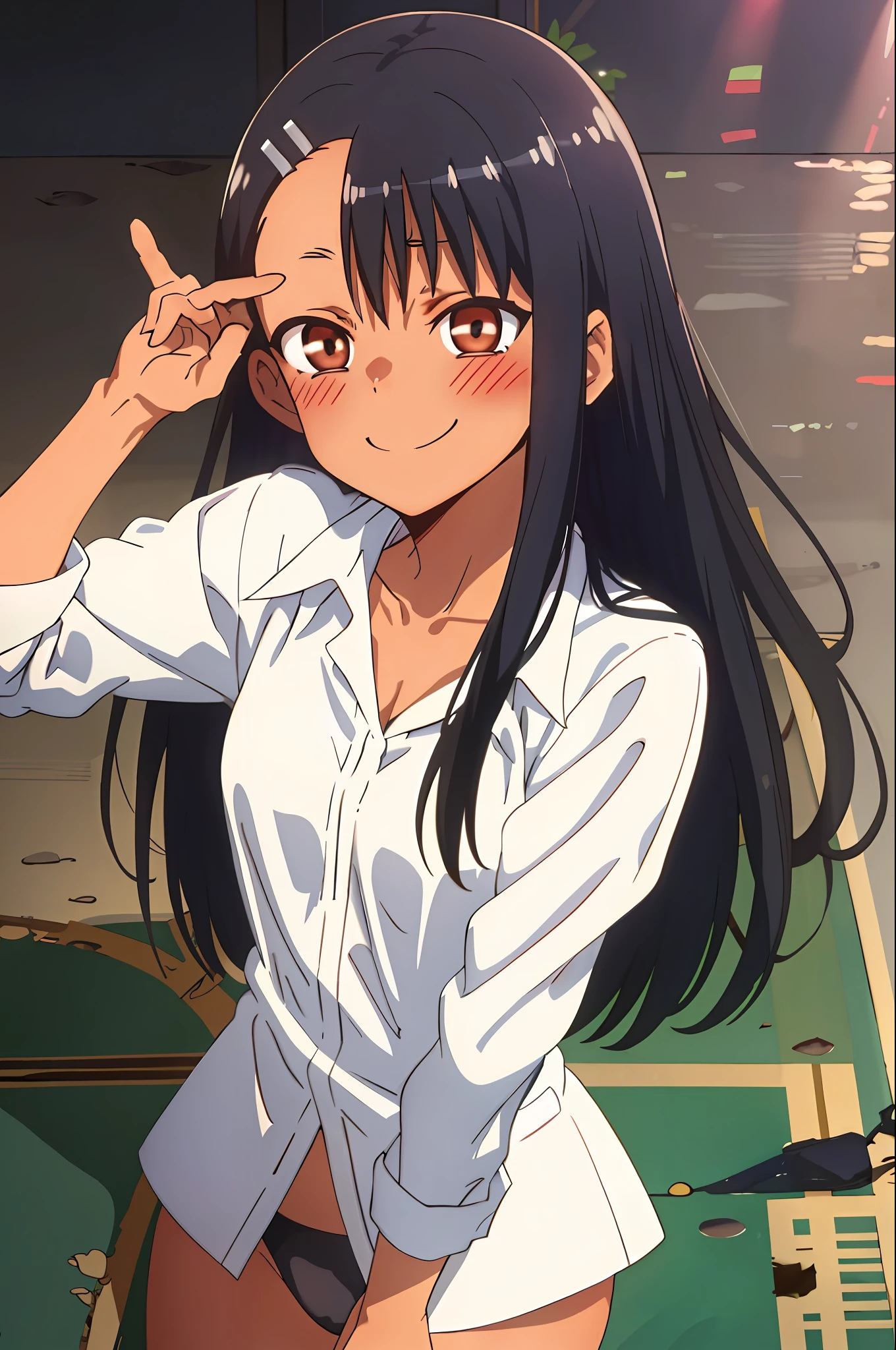 nagatoro hayase, black panties, neckline, small breasts, (bottom:1.2), curved, smile, blush, best quality, masterpiece, perfect lighting, coast