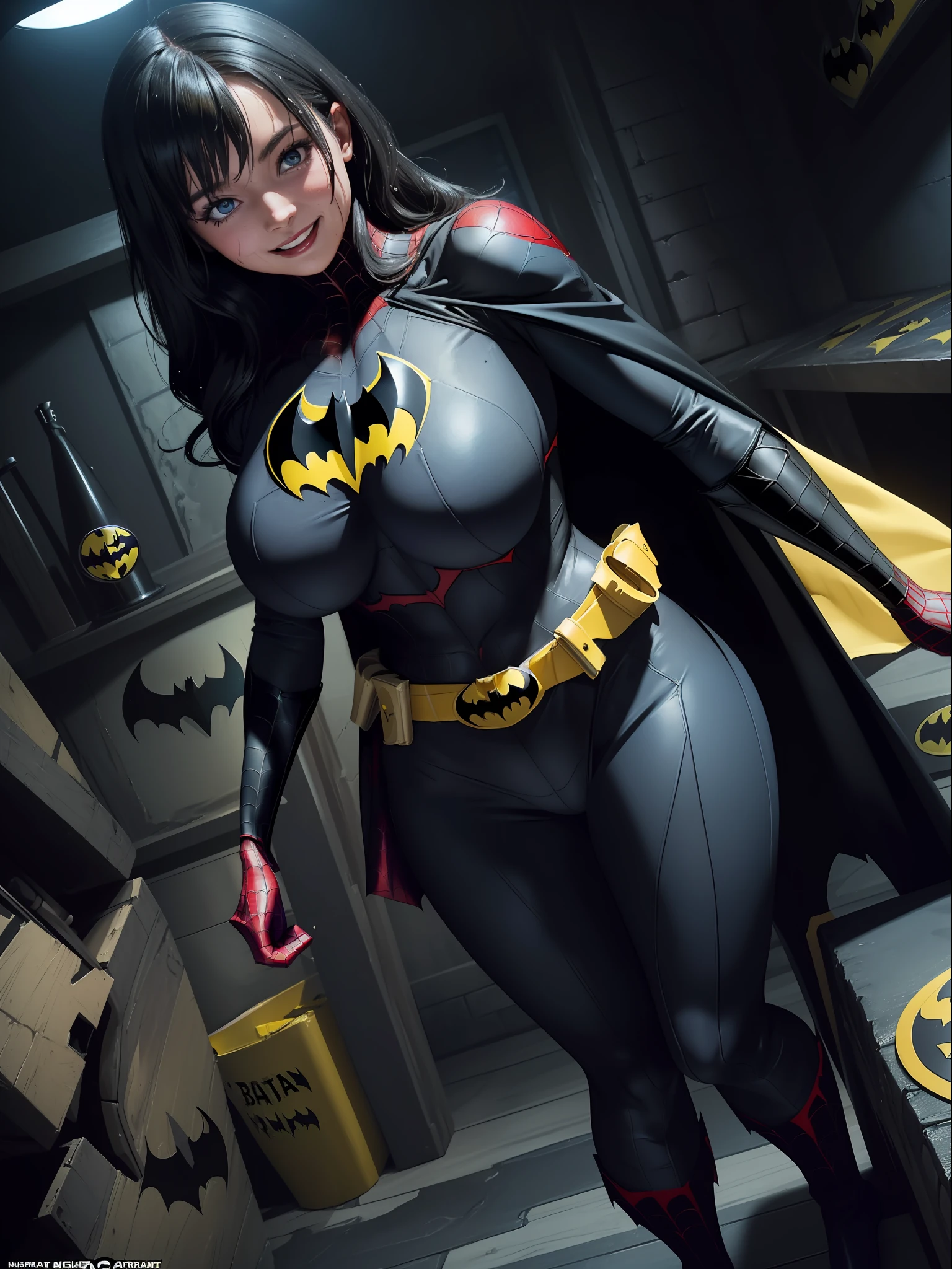 (Full body image:1.4), (Laurana/Woman:1.5), (Big breasts:2), (Wearing batman+Spider-Man costume/with yellow belt:1.5), (looking at the viewer/smiling:1.3), (She's inside the BatCave in front of the BatMobile:1.5), (She has short black hair:1.3), (light blue eyes:1.3), (her costume is an extremely tight body:1.4), (doing sexy poses while standing: 1.2), (body/hair/extremely wet: 1.1), (award-winning, UHD, anime, high detail, 16k, high quality, masterpiece)