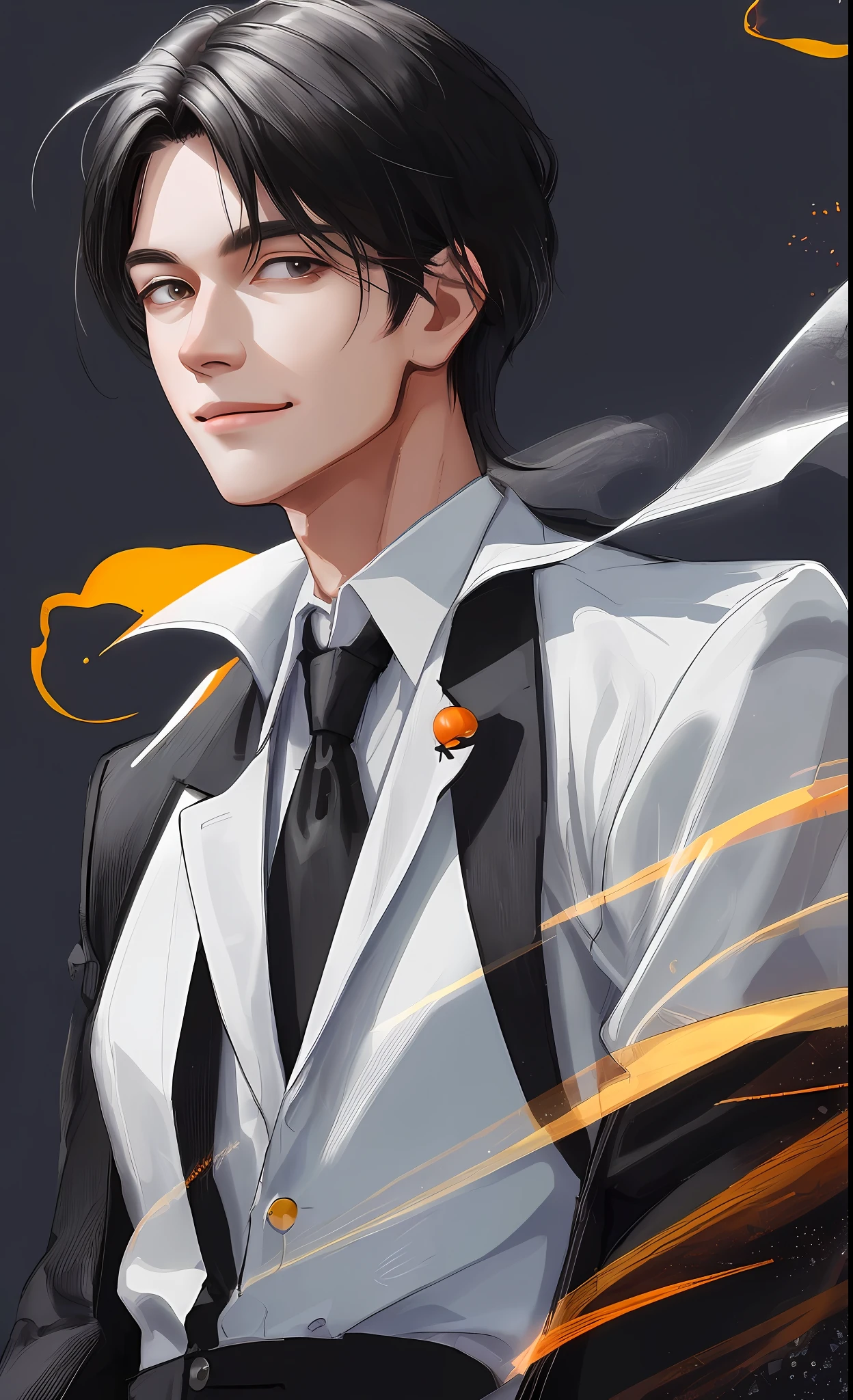 Masterpiece, Best Quality, Realistic, 1 man, male focus, tall, cute, smile, closed mouth, shirt and black pants, portrait, extremely detailed face, autumn Halloween season, Korean face, idol face, long black hair, cinematic lightning, background with dramatic light, October, moon, night time