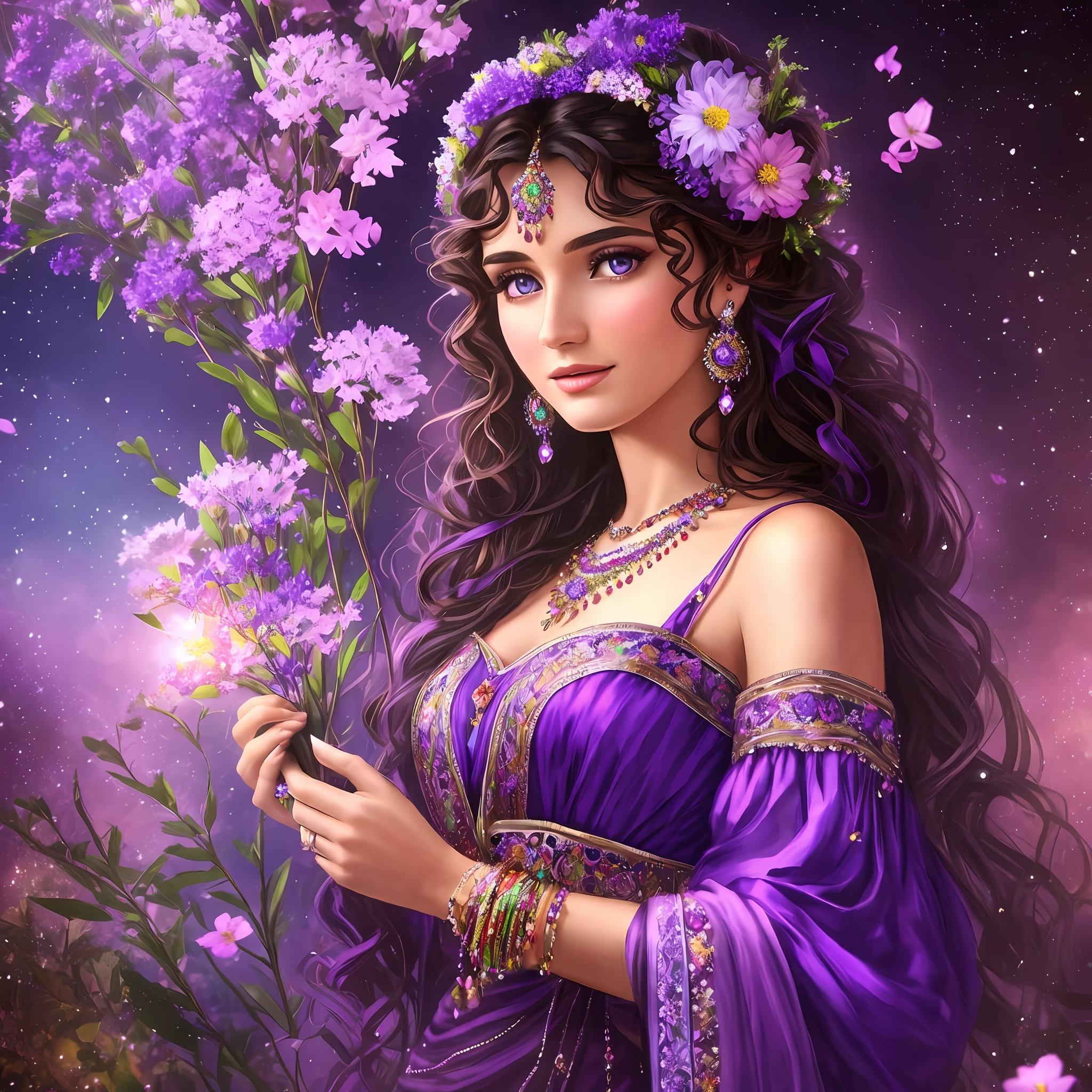 Gypsy with purple dress, fan, jewelry, flowers, magical scene, realistic, 8k,