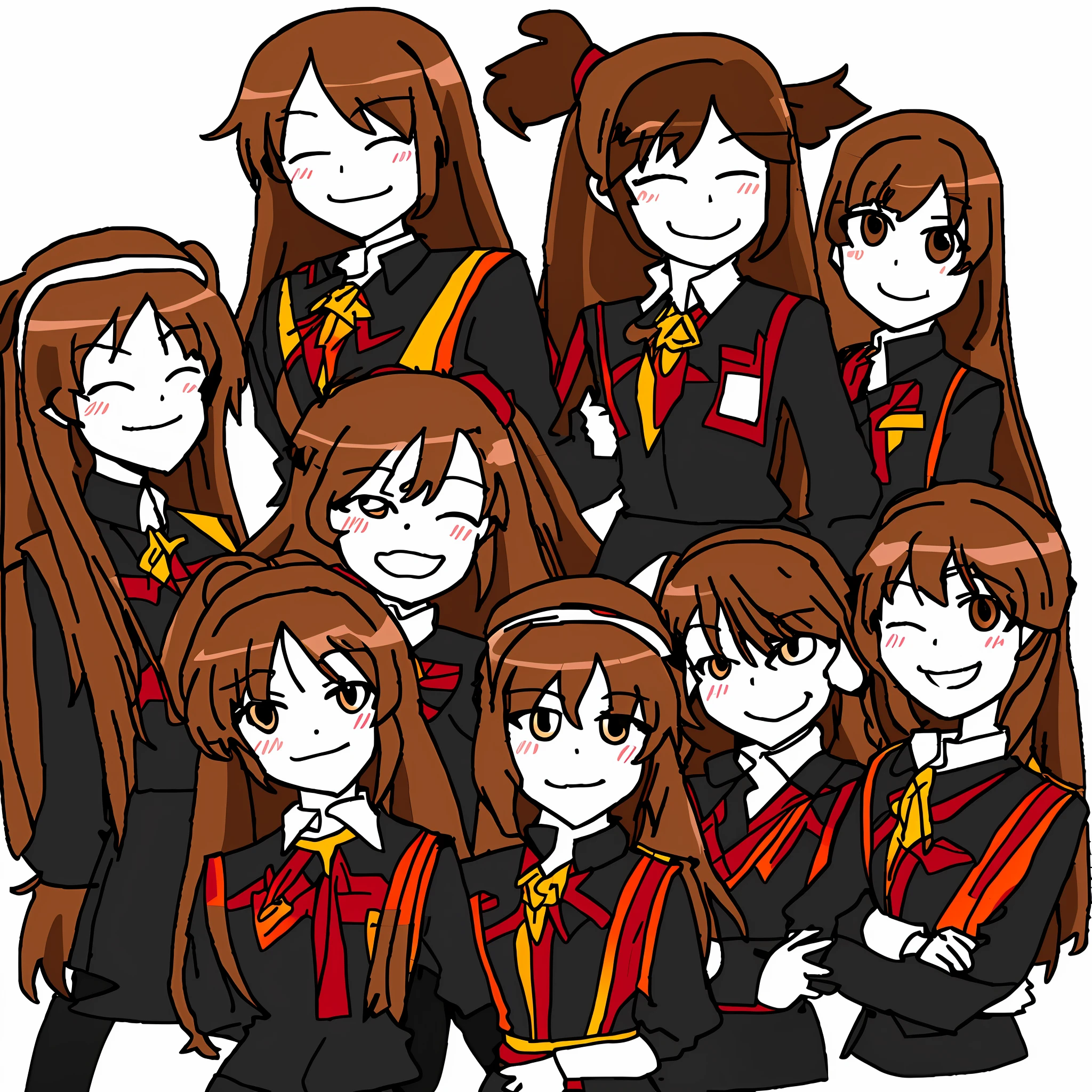 tokacomics, cartoon, drawing, (smug:0.7), 4girls, :d, ;d, highres, long hair, multiple girls, identical girls, clones, one eye closed, open mouth, brown hair, ponytail, smile, hazel eyes, matching outfits, matching hairstyle