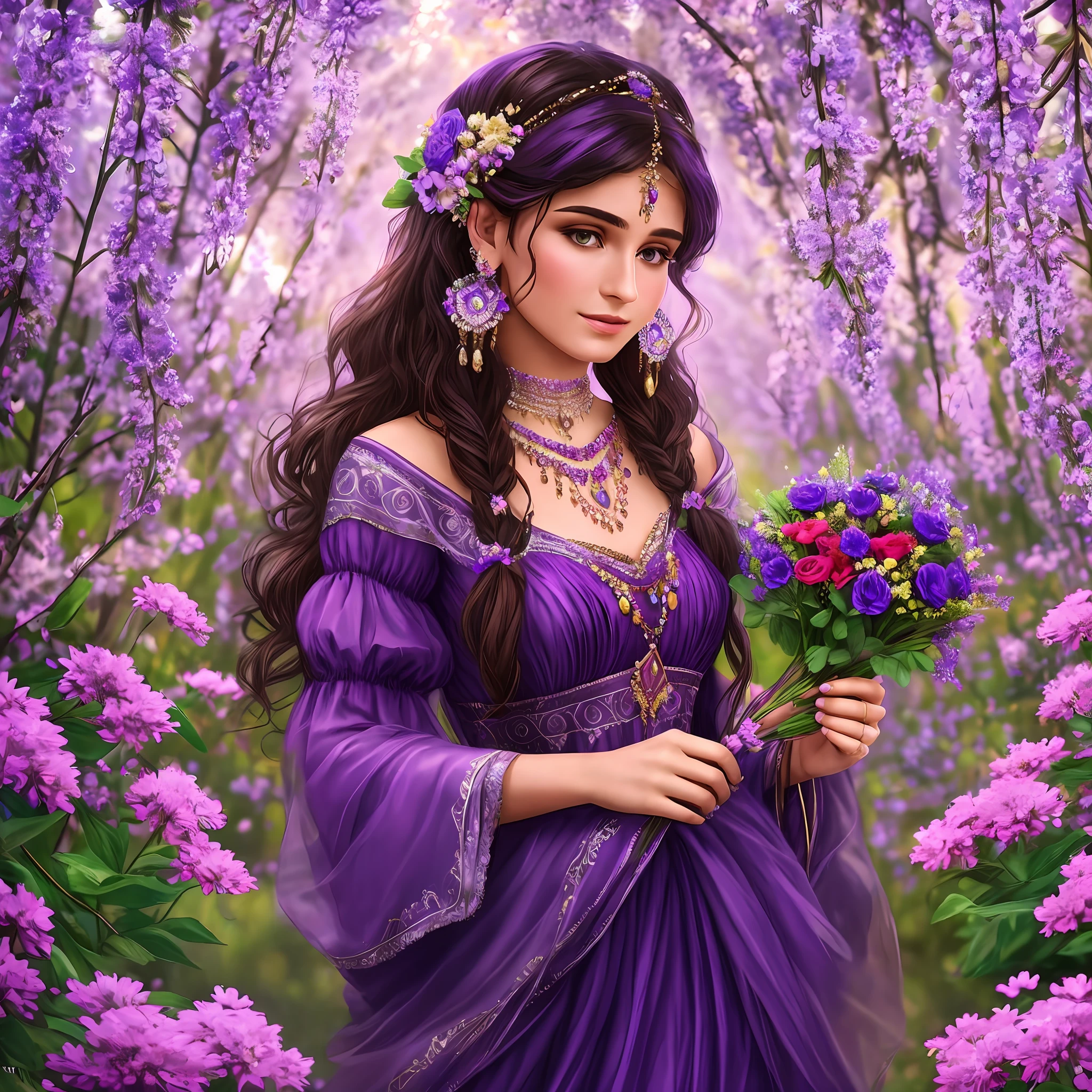 Gypsy with purple dress, fan, jewelry, flowers, magical scene, realistic, 8k,
