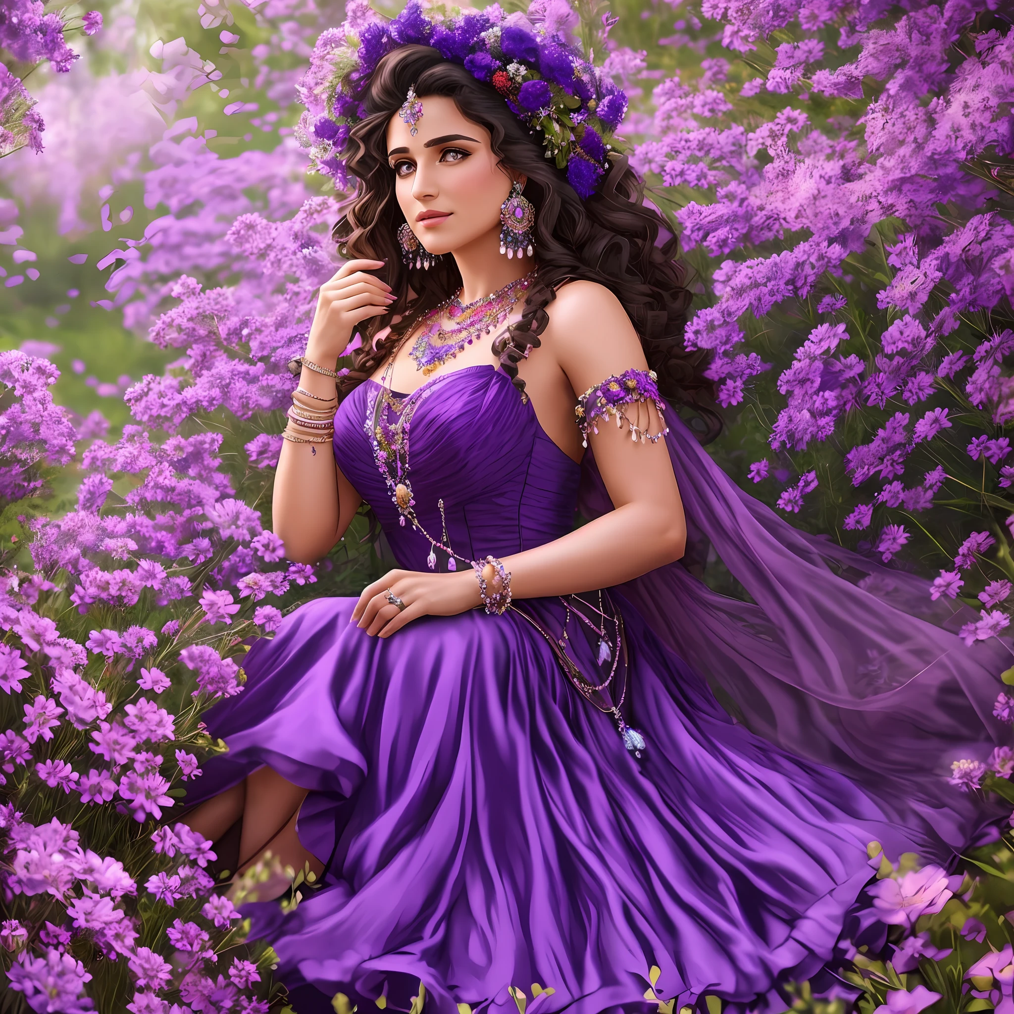Gypsy with purple dress, fan, jewelry, flowers, magical scene, realistic, 8k,