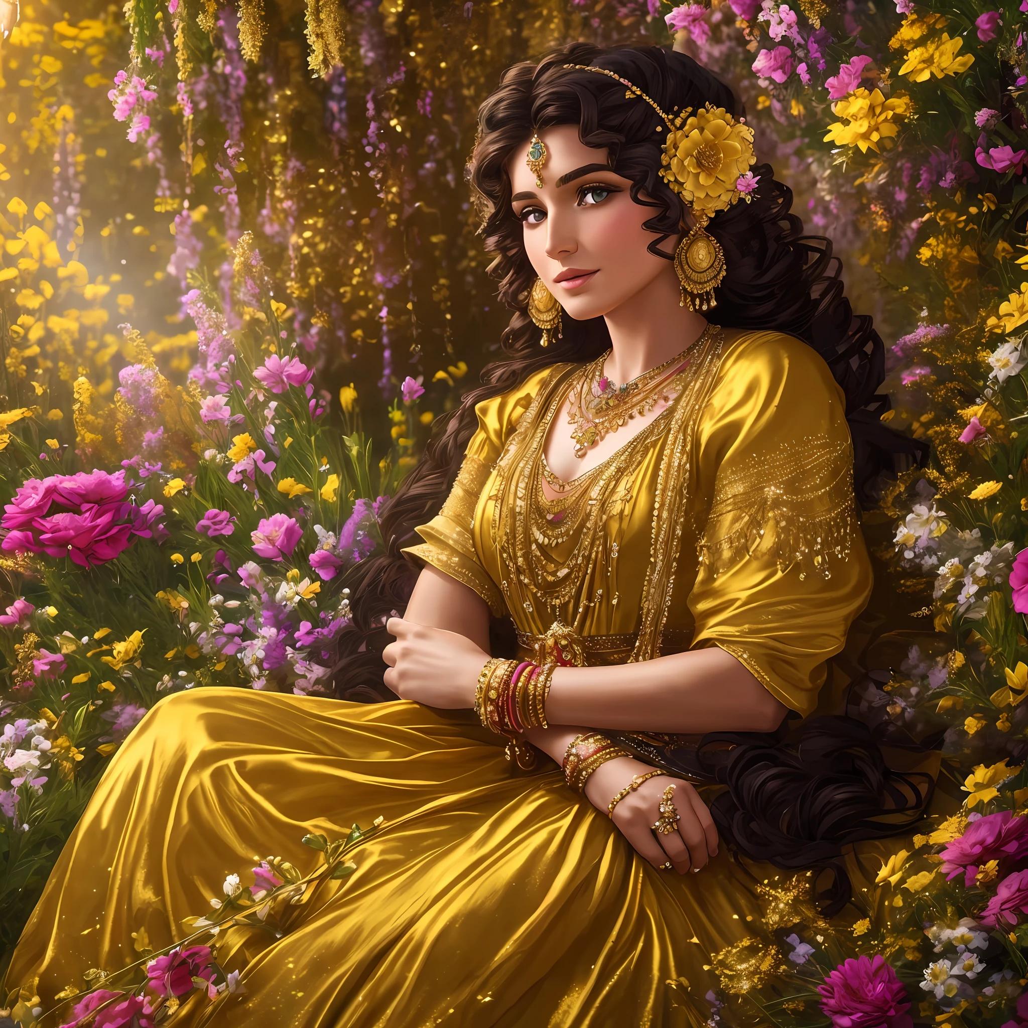 Gypsy with golden dress, fan, jewelry, flowers, magical scene, realistic, 8k ,