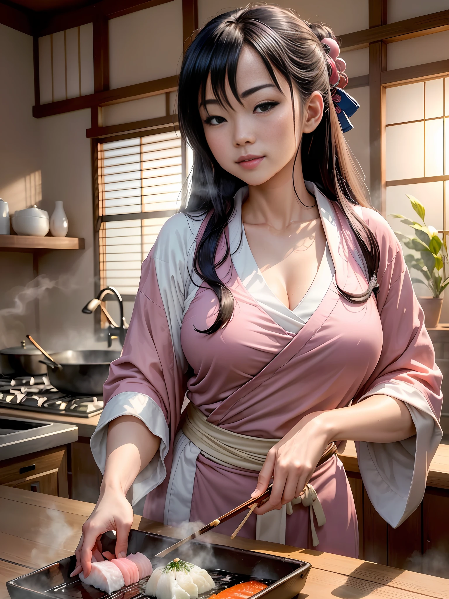 "The highest quality in 8k, RAW photos, hyper-realistic and photorealistic, a beautiful Japanese chef with flowing black hair, silky skin, large breasts, fleshy lips, sweaty body, wearing a sexy pink white low-cut kimono apron, is smiling and preparing sushi and poses for the photo in a kitchen. ((details in the surroundings and in the background with spices on shelves, steam and traditional Japanese ambience volumetric lighting very sharp focus)" (en)