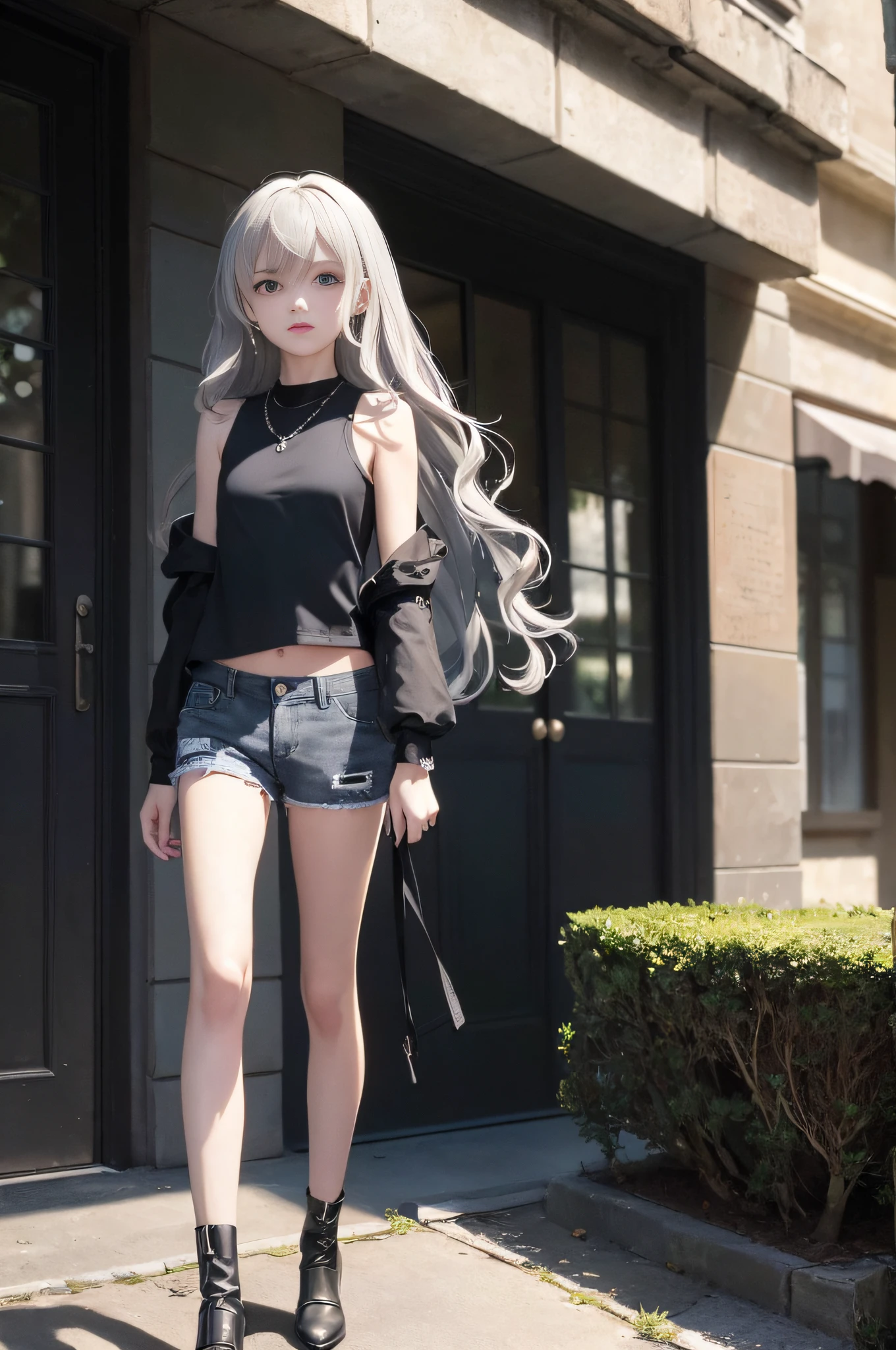 ((medium chest, long hair, gray hair, small head)), daylight, sunlight, (well-defined abs: 1.1), (perfect body: 1.1), (short wavy hair: 1.2), russet hair, collar, chain, full body photo, slender legs, crowded streets, wearing a black vest, ((shorts)), (extremely detailed CG 8k wallpaper), (extremely delicate and beautiful), (masterpiece), (Best Quality: 1.0), (Ultra Resolution: 1.0), Beautiful Lighting, Perfect Lightning, Realistic Shadows, [High Resolution], Detailed Skins, Ultra Detailed