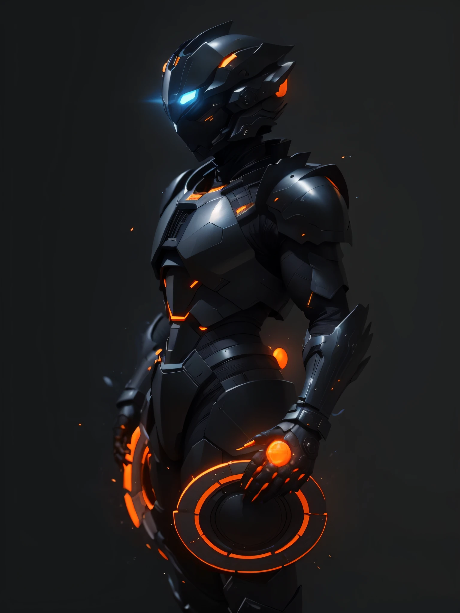 (Night, Moonlight, black and orange armor character, futuristic style, 1.75, solar energy powers, throwing orange plasma by the hands, creating force fields, flies --auto --s2