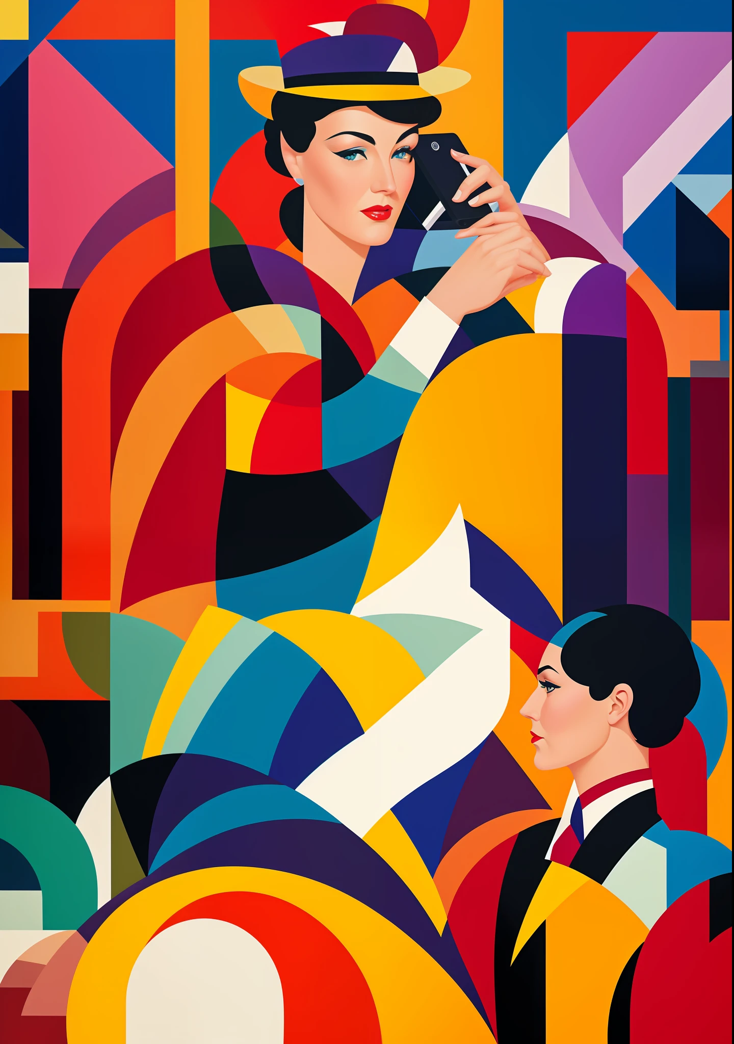 a closeup of a person sitting in a chair with a cell phone, by Pat Adams, inspired by Sonia Delaunay, inspired by Gino Severini, Patrick Nagel, inspired by Herbert Bayer, inspired by Delaunay, inspired by Rolf Armstrong, as rolf armstrong style, angus mcbride, gill elvgren, inspired by Art Frahm, by Alberto Vargas, by Tom Lovell,