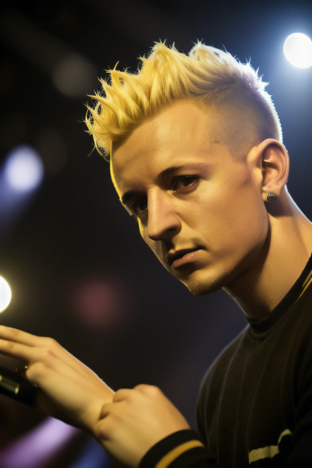a man on stage looking out at a crowd, 25 year old, 27 year old, dyed blonde hair, in front of a crowd of people, looking at camera, midnight, cinematic lighting, surreal atmosphere, raw, 8K, uhd, masterpiece