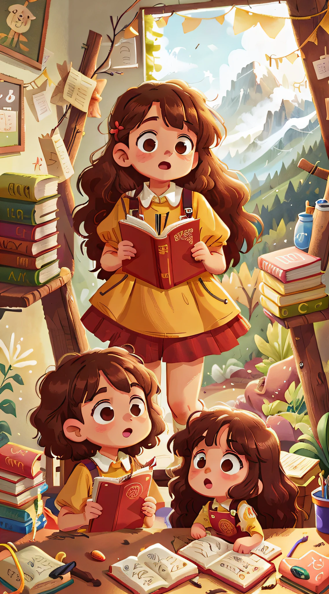 Two girls, twins, curly brown hair, with mountains of books