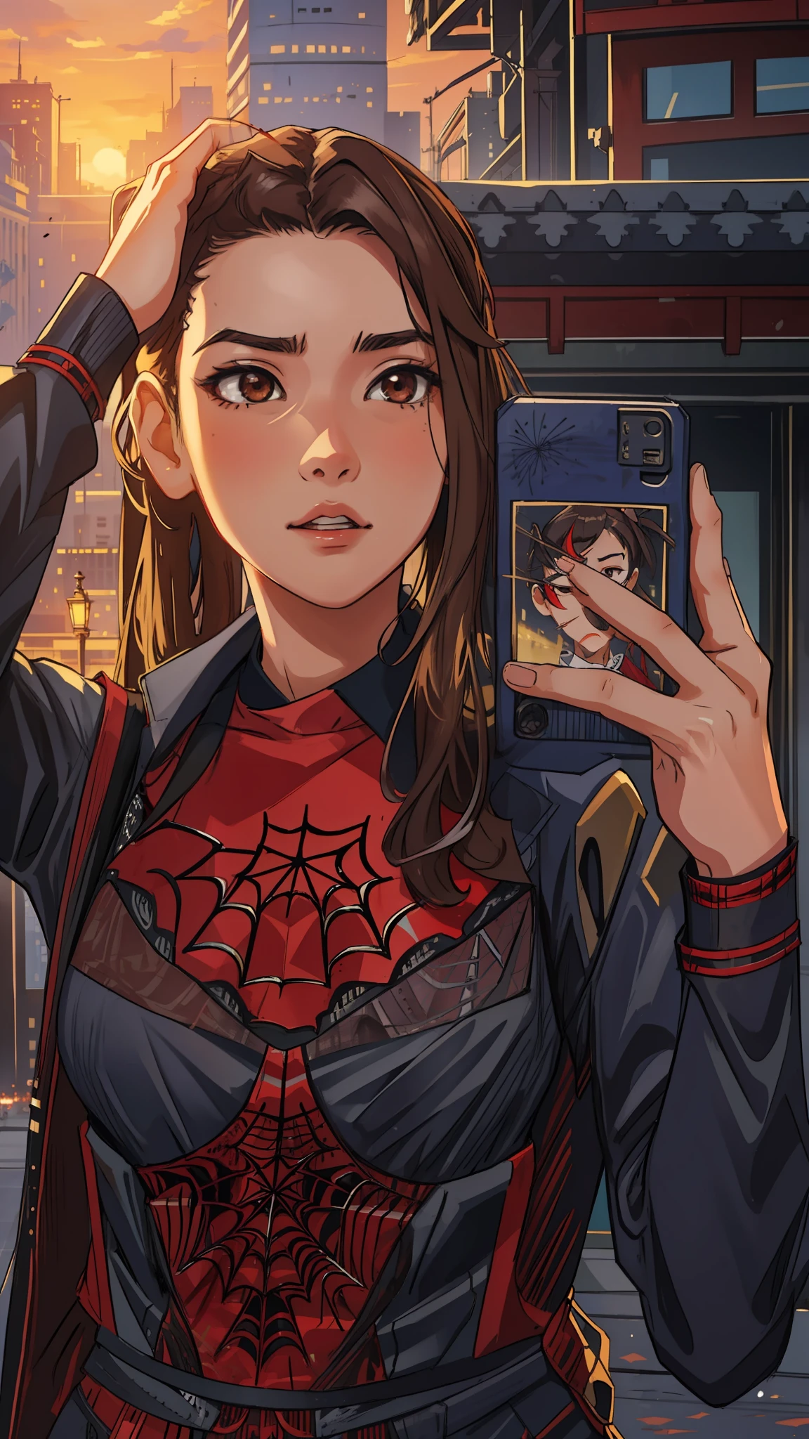 (masterpiece, best quality), intricate details, 8k, artstation, wallpaper, official art, splash art, sharp focus,
1girl, Nakiri Ayame, long hair, twin tails, , dark brown hair, 
 spider suit, spider web printing, spider web,  
skyscrapers, city, buildings, cars, street,