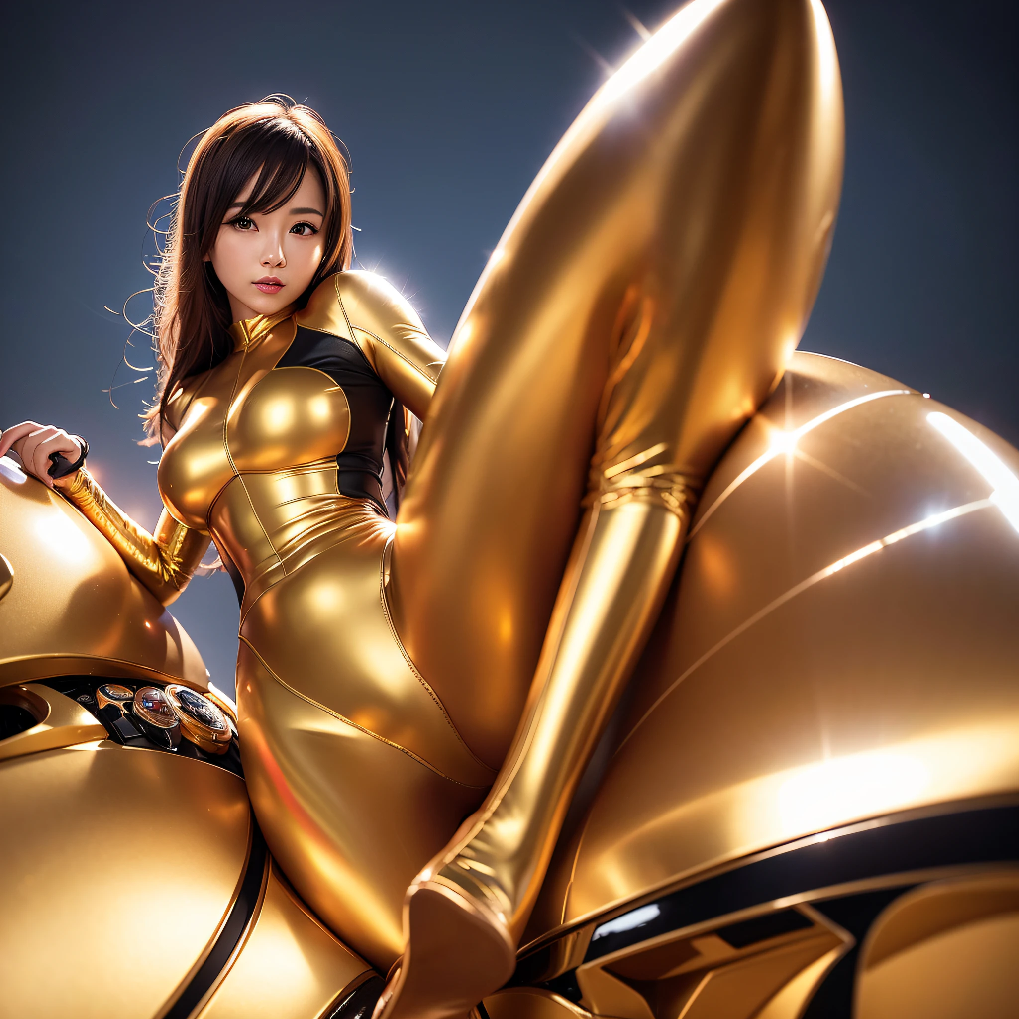 (8K, RAW photo, top quality, masterpiece: 1.2), (realistic, photorealistic: 1.4), cute, Japan girl, delicate and beautiful face, professional lighting, photon mapping, radiosity, physically based rendering, costume covering full body, shiny outfit, rubber, golden tight suit, beautiful woman with perfect figure: 1.4, sexy, Watch viewer, CG wallpaper, blurred night view background, clear background, medium breasts, golden gloves, full body, golden long boots, leaning forward astride vehicle, light smile