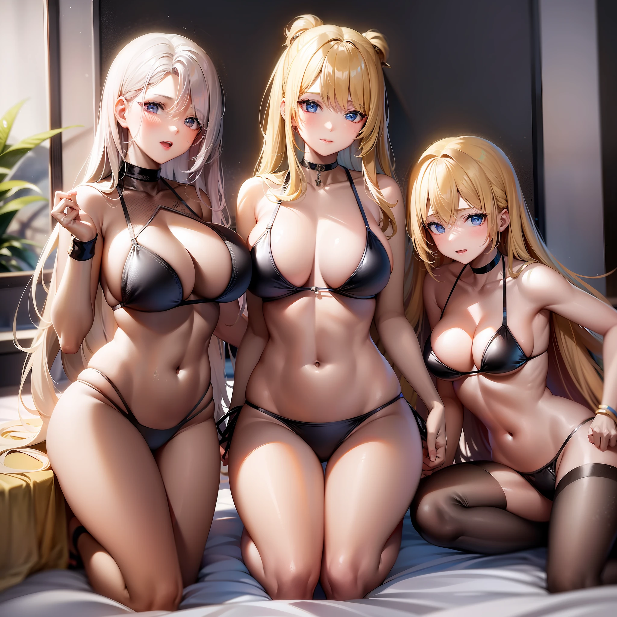 2girls A andB ,A and B girls young adult womens ,A girl is blonde long straight hair ,B girl is black long straight hair , A and B girls fitness models ,A and B girls huge breasts ,乳首 ,B girl is gold metallic bikini , A girl is black leather bikini ,Luxury hotel bedroom ,midnight , 股間溝