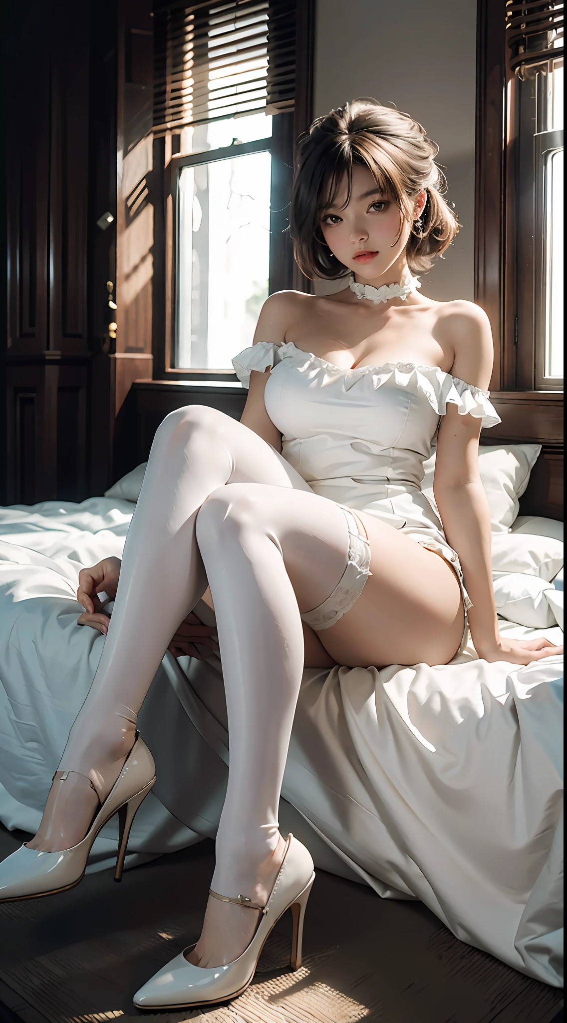 Best Quality, Masterpiece, Ultra High Resolution, (Realisticity: 1.4), Original HD Photo, 1girl, White Clothes Bare Shoulder, HD Quality, Big Breasts, Big White Legs, High Heels, Wearing Stockings,