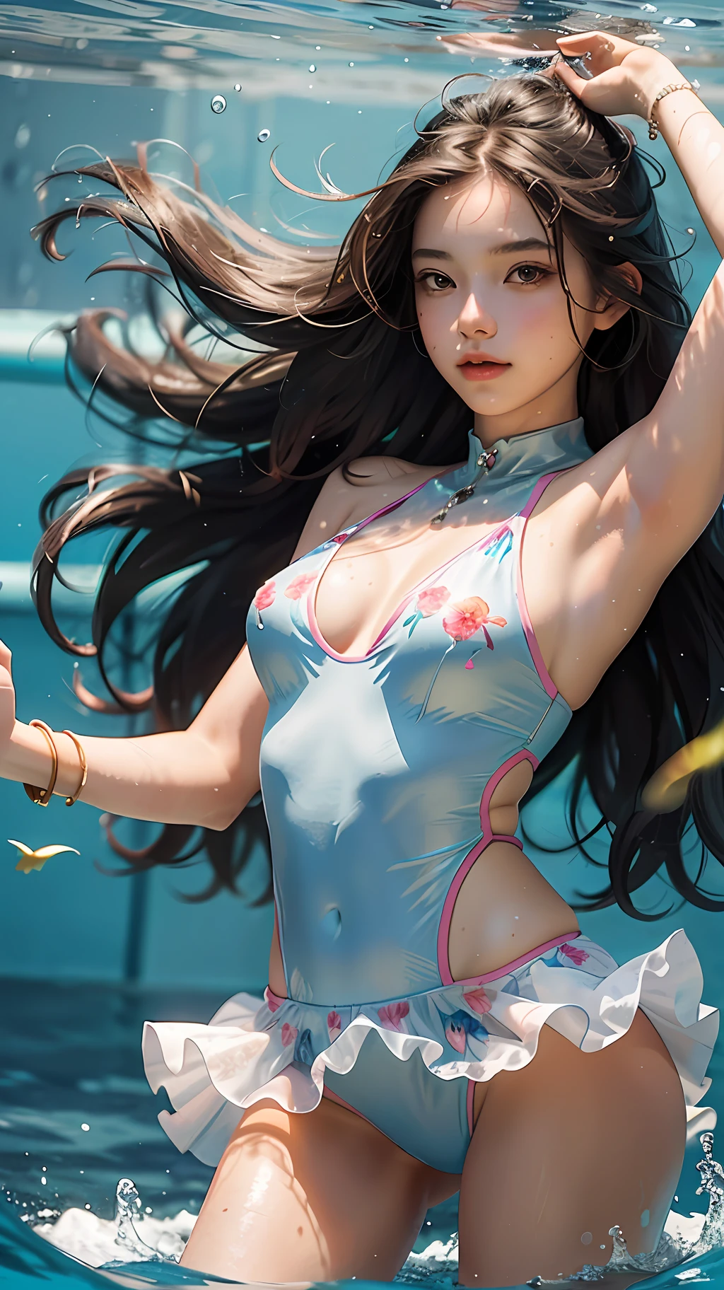 Looking up, the girl's eyes were full of vitality and confidence. She wears an ultra-short swimsuit with a bright flower embroidered on her chest, exuding enthusiasm and the power of life. Holding a buoy in her hand, she floats easily in the pool, her eyes revealing a sense of freedom and uninhibitedness. The water in the pool is crystal clear and reflects the girl's silhouette. Her hair was flowing in the water, and she seemed to enjoy the coolness and freedom. The whole picture is full of youthful vitality and joy, and also reveals a kind of respect and cherishing of life. The girl's dress seems to interpret a kind of confidence and courage, she dares to show her beauty and life force, dare to show her freedom and freedom in the pool. This is the beauty of the girl, she makes us feel the fullness and beauty of life, and also makes us cherish this freedom and vitality even more.