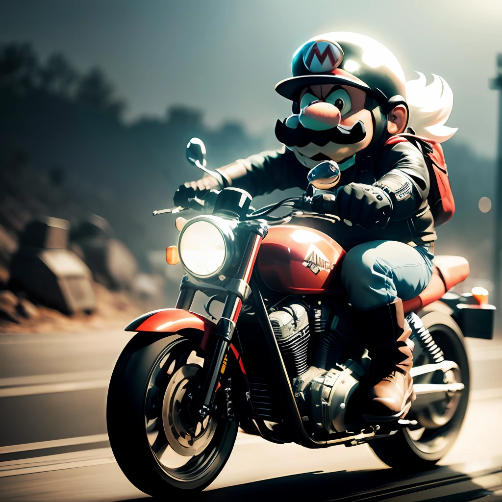 : mario metalhead biker 8k, uhd, severe low lighting, high quality, sharp focus, fujifilm XT3 without background --auto --s2