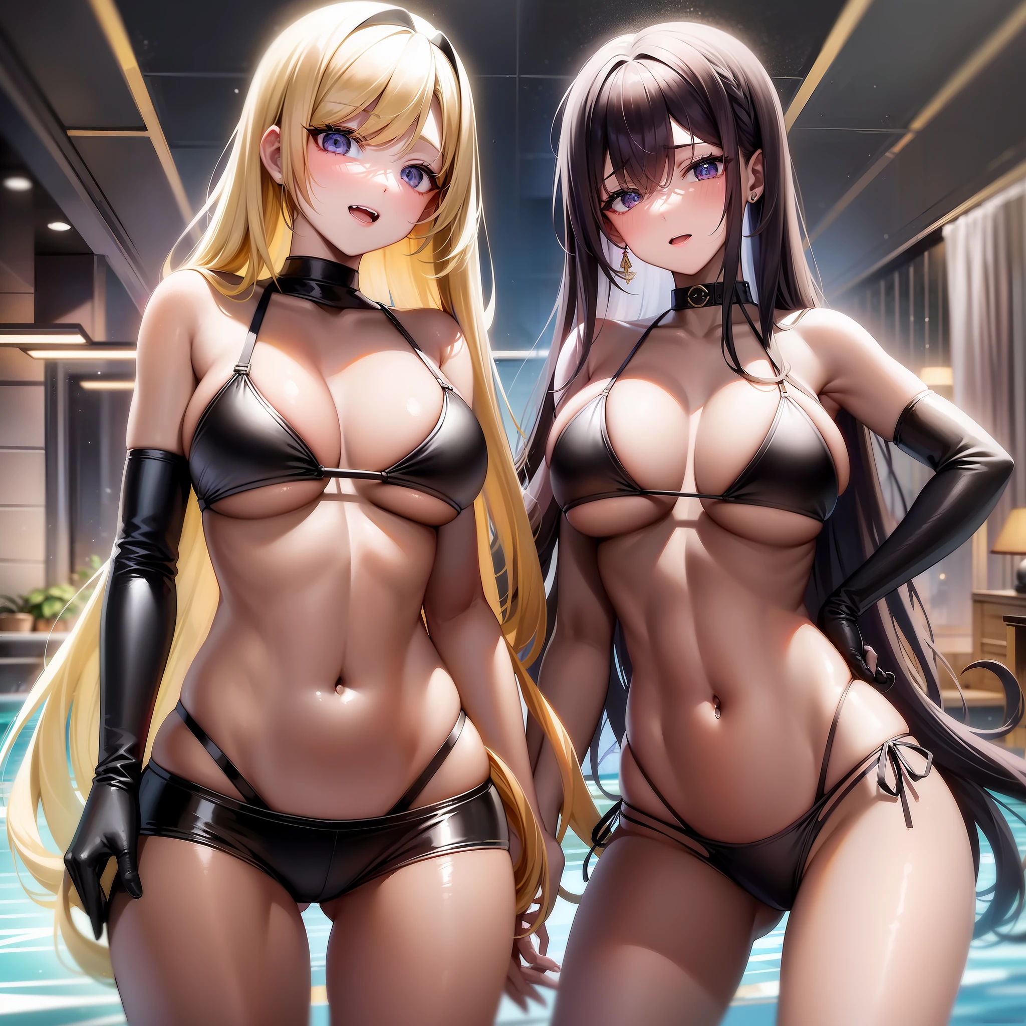 2girls A andB ,A and B girls young adult womens ,A girl is blonde long straight hair ,B girl is black long straight hair , A and B girls fitness models ,A and B girls ???????????? ,?? ,B girl is gold metallic ?????? , A girl is black leather ?????? ,indoor pool ,midnight , 股間溝