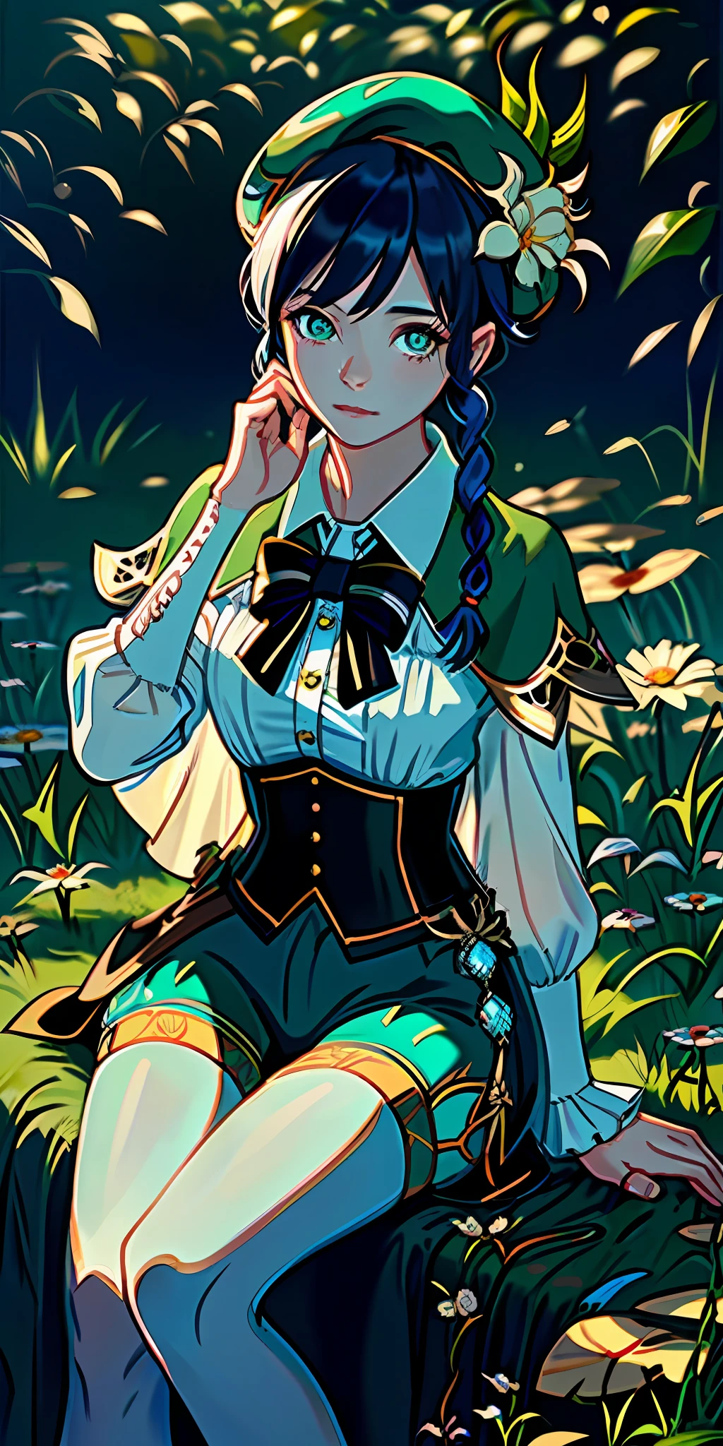 (masterpiece, best quality),1girl sitting in a field of green plants and flowers, her hand under her chin, warm lighting, blurry foreground,official art, unity 8k wallpaper, ultra detailed, beautiful and aesthetic, masterpiece, best quality, (zentangle, mandala, tangle, entangle), (fractal art:1.3) , 1girl, extremely detailed, dynamic angle, cowboyshot, the most beautiful form of chaos, elegant, a brutalist designed, vivid colours, romanticism, by james jean, roby dwi antono, ross tran, francis bacon, michal mraz, adrian ghenie, petra cortright, gerhard richter, takato yamamoto, ashley wood, atmospheric, ecstasy of musical notes, streaming musical notes visible, Best quality, masterpiece, ultra high res, (photorealistic:1.4), raw photo, 1girl, blossom flower field, glowing skin, light smile,venti (genshin impact), lyre, black hair, hat, smile, braid, long sleeves, twin braids, gradient hair, multicolored hair, instrument, pantyhose, vision (genshin impact), bow, shorts, blue hair, green headwear, beret, white pantyhose, green shorts, collared cape, bangs,shirt, jewelry, white shirt, brooch, cape, androgynous, frilled sleeves, frills, corset, short hair with long locks