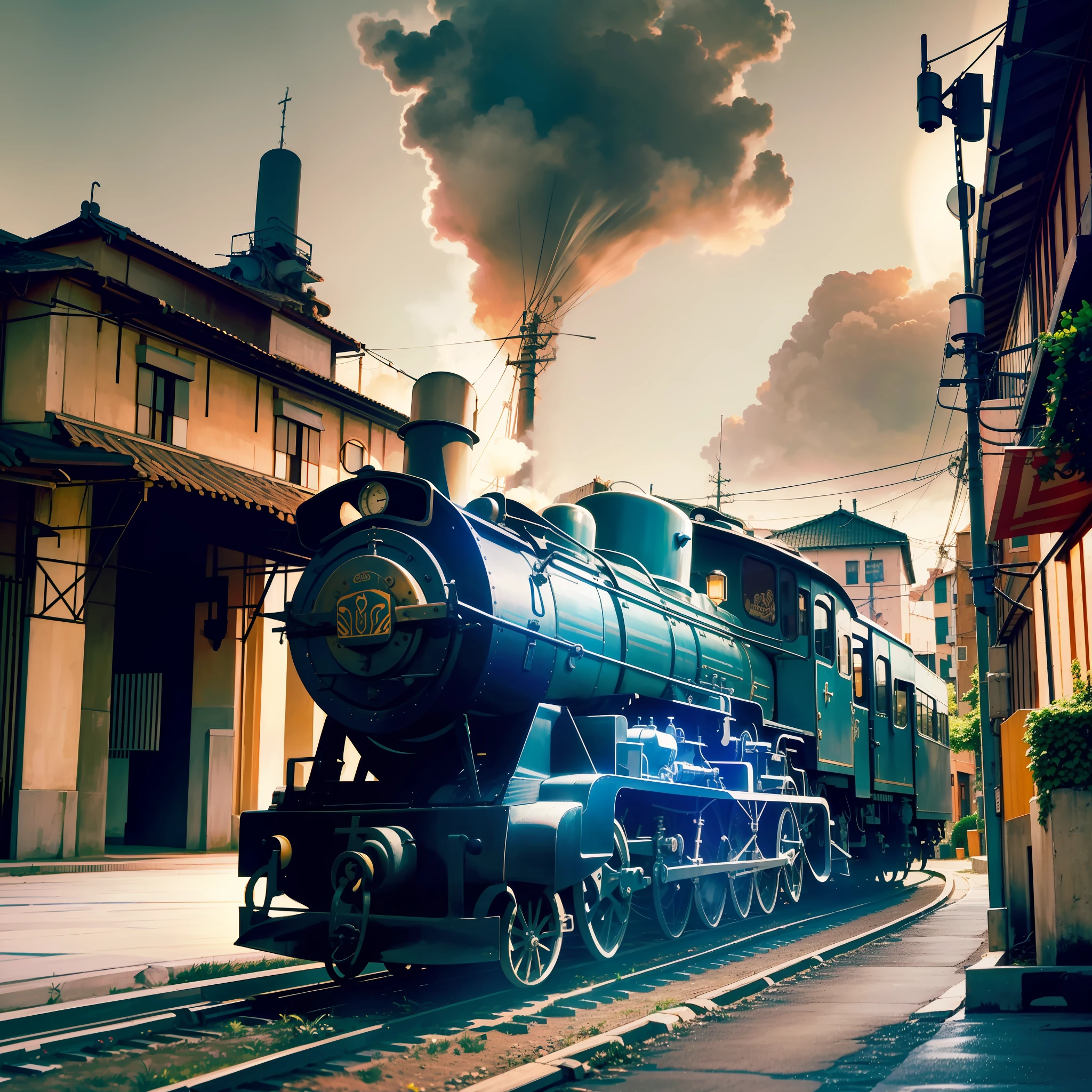 Imagine that you are in Brazil in the year 1960 in a square in the center of a small town, where the Maria Fumaça that has the number 28 in its front is approaching. The steam locomotive is imposing, with its black and white color shining under the sun. The characteristic wagons of the time, with their rounded windows and dark wooden doors, are ready to embark tourists for a nostalgic trip. Behind Maria Fumaça, you can see the city, with its simple and cozy houses. The streets are narrow and paved with asphalt, providing a unique charm to the city. The tallest buildings in the city, which stand out on the skyline, are only seven, creating a tranquil and peaceful environment. In the center of the square, there is an impressive statue of Christ the Redeemer, which stands out in relation to everything around it. The statue is very simple, with arms open in a welcoming gesture. In the background, you can see the small town, creating a charming and picturesque setting. ((highlight the number 28 on sign attached to the front of the locomotive))