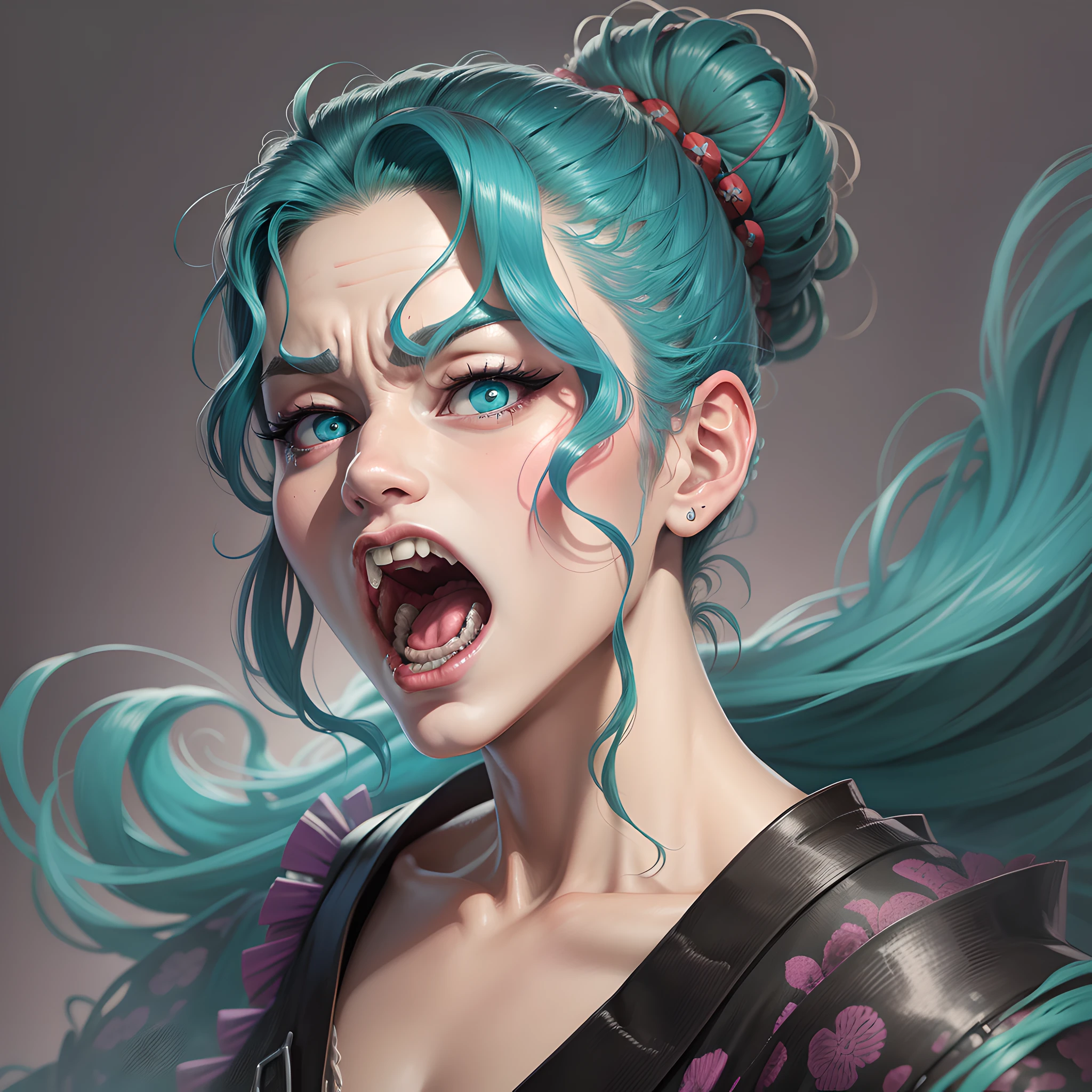 crie um mosntro de frankenstein no estilo cartoon, estilo line art, hair bun, aqua eyes, screaming, first-person view, from side, Ukiyo-e, 16k, high quality