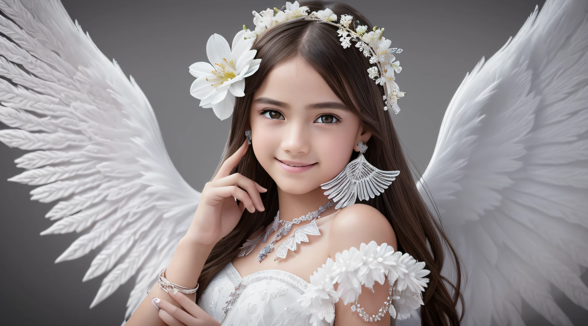 delicate, masterpiece, beautiful detailed, colorful, finely detailed, (50mm Sigma f/1.4 ZEISS lens, F1.4, 1/800s, ISO 100, fotograpy:1.1), lens flare, (photorealistic:1.1), detailed lips, intricate details, 1girl, solo, (a beautiful 8-year-old child), dark hair, (angel wings:1.4), (white wings:1.2), (symmetrical wings: 1.5), (jewelry:1.5), (necklace:1.2), (diamond:1.3), bracelet,  earrings, choker, (white thighs:1.2), (looking at the viewer:1.2), sexy pose, erotic pose, front view, (innocent smile:1.3), (covered, (on a gray background 1.5), sky, (detailed background), (blurred background:0.8), (white flower:1.3), (pureerosface_v1:0.85), --auto --s2