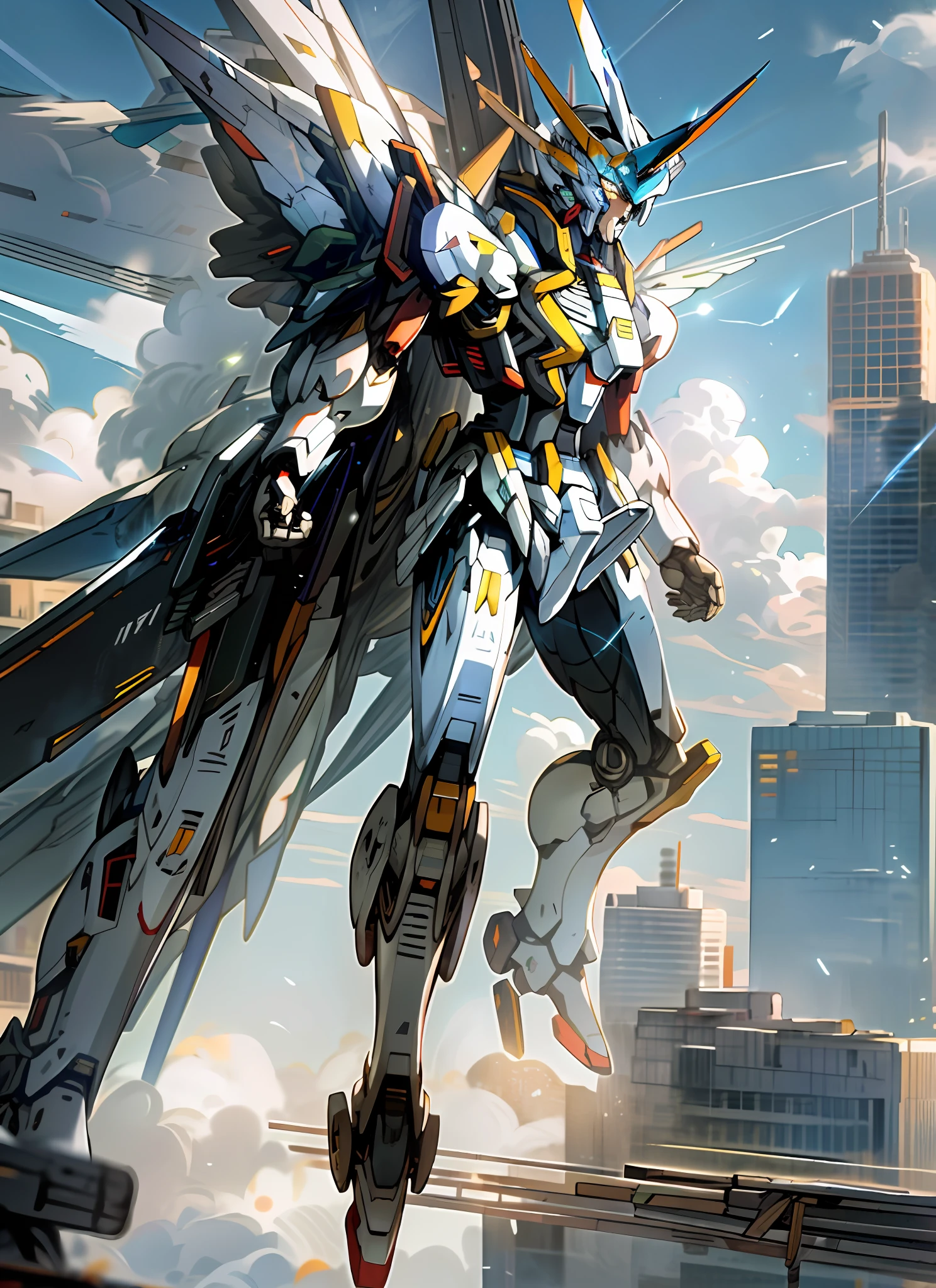 sky, cloud, holding_weapon, no_humans, glowing, , robot, building, glowing_eyes, mecha, science_fiction, city, realistic,mecha,gundam,full body, ((strike freedom))