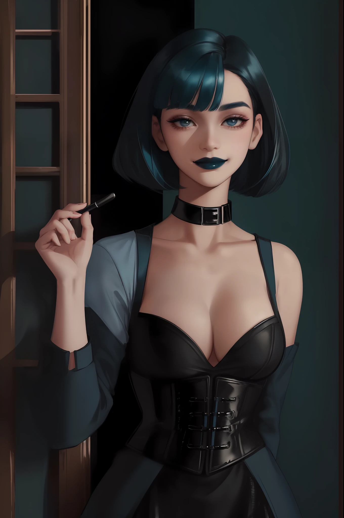 Gwen (full drama), masterpiece, best quality, 1girl, solo, blue lips, looking at the viewer, breasts, short hair, makeup, black eyes, collar, upper body, big breasts, hands behind your back, choker, smile, bangs, blue hair, collarbones, lipstick, black lips, dress, black choker, cleavage, black collar, green hair,