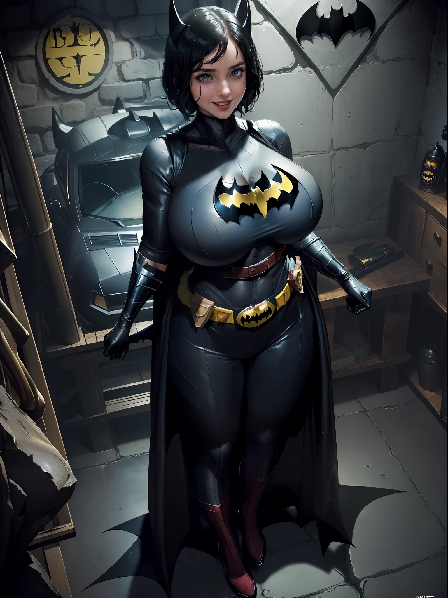 (Full body image:1.4), (Laurana/Woman:1.5), (Big breasts:2), (Wearing batman+Spider-Man costume/with yellow belt:1.5), (looking at the viewer/smiling:1.3), (She's inside the BatCave in front of the BatMobile:1.5), (She has short black hair:1.3), (light blue eyes:1.3), (her costume is an extremely tight body:1.4), (doing sexy poses while standing: 1.2), (body/hair/extremely wet: 1.4), (award-winning, UHD, anime, high detail, 16k, high quality, masterpiece)