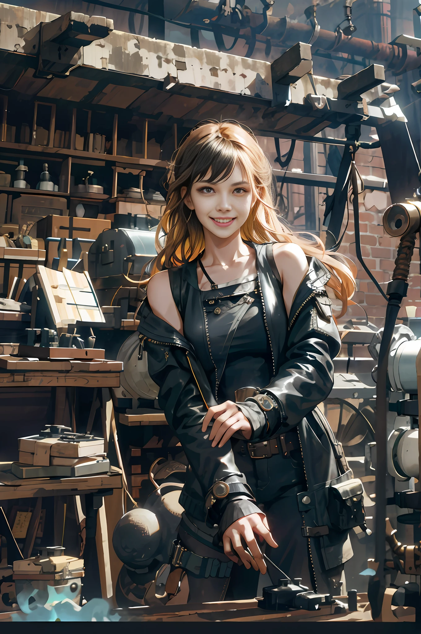 (ridiculous, high resolution, super detailed), 1woman, mature female, older, laughing, wavy long hair, black hair, black pupils, bangs, long sleeves, fine eyes and fine face, extremely detailed CG unity 8k wallpaper, intricate details, (style-rustmagic:0.8), (medieval cyborg:0.8), portrait, (bloody wounds:0.7), looking at viewer, solo, half shot, detailed background, (steampunk theme:1.1) firm expression, dark couds technomancer, floating lights, colored leather vest with gears, technical clothing, jetpack, background workshop, machine, gear, steam, industrial, technical, furnace, dirt, anvil, buttons, levers, automata , electricity, sparks, epic atmosphere, portraits