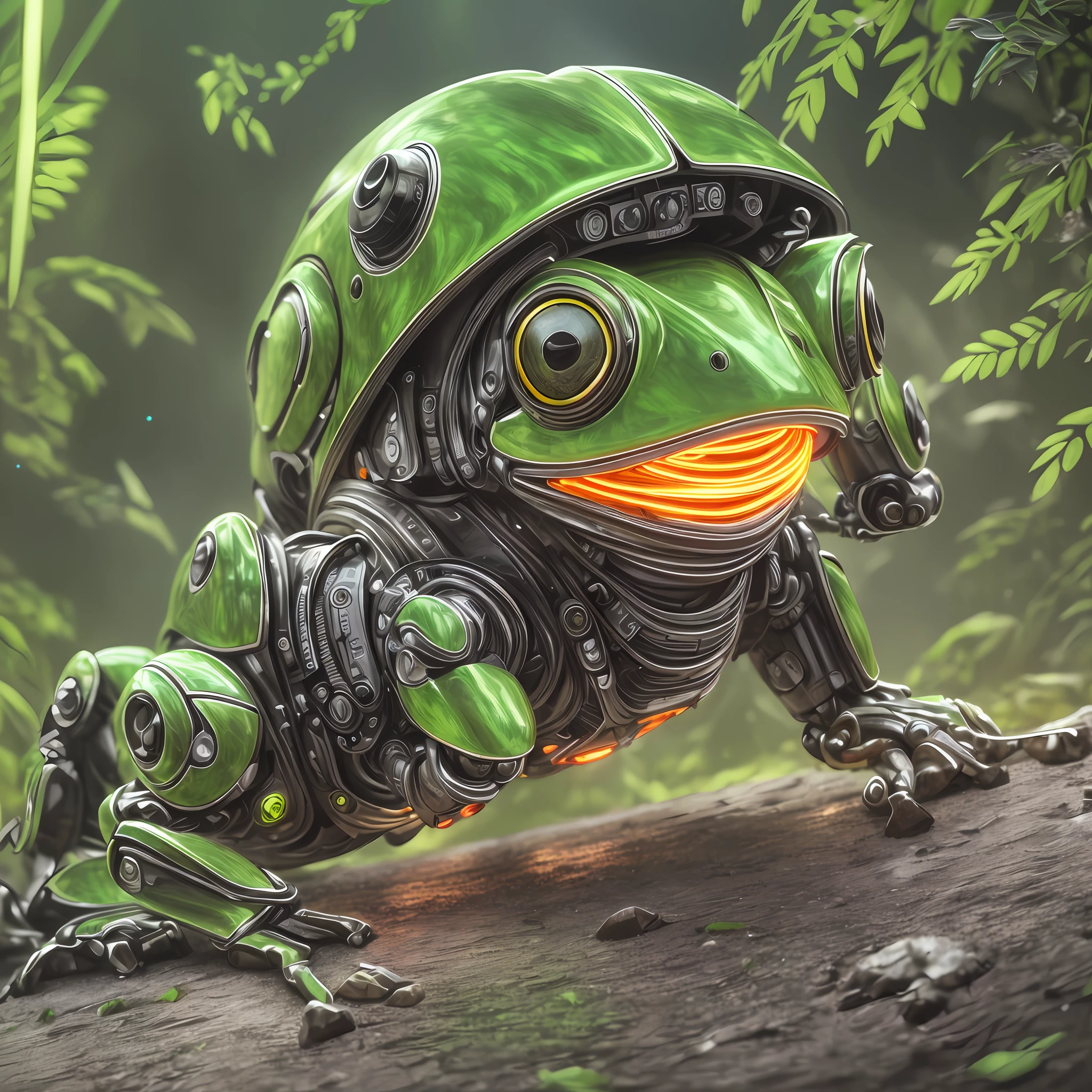 (Masterpieces), ultra quality, extremely detailed drawing, CG drawing in 8k, cyborg frog robot, futuristic environment, half robot, half frog, vibrant colorful, holographic light effect.frog in nature --auto --s2