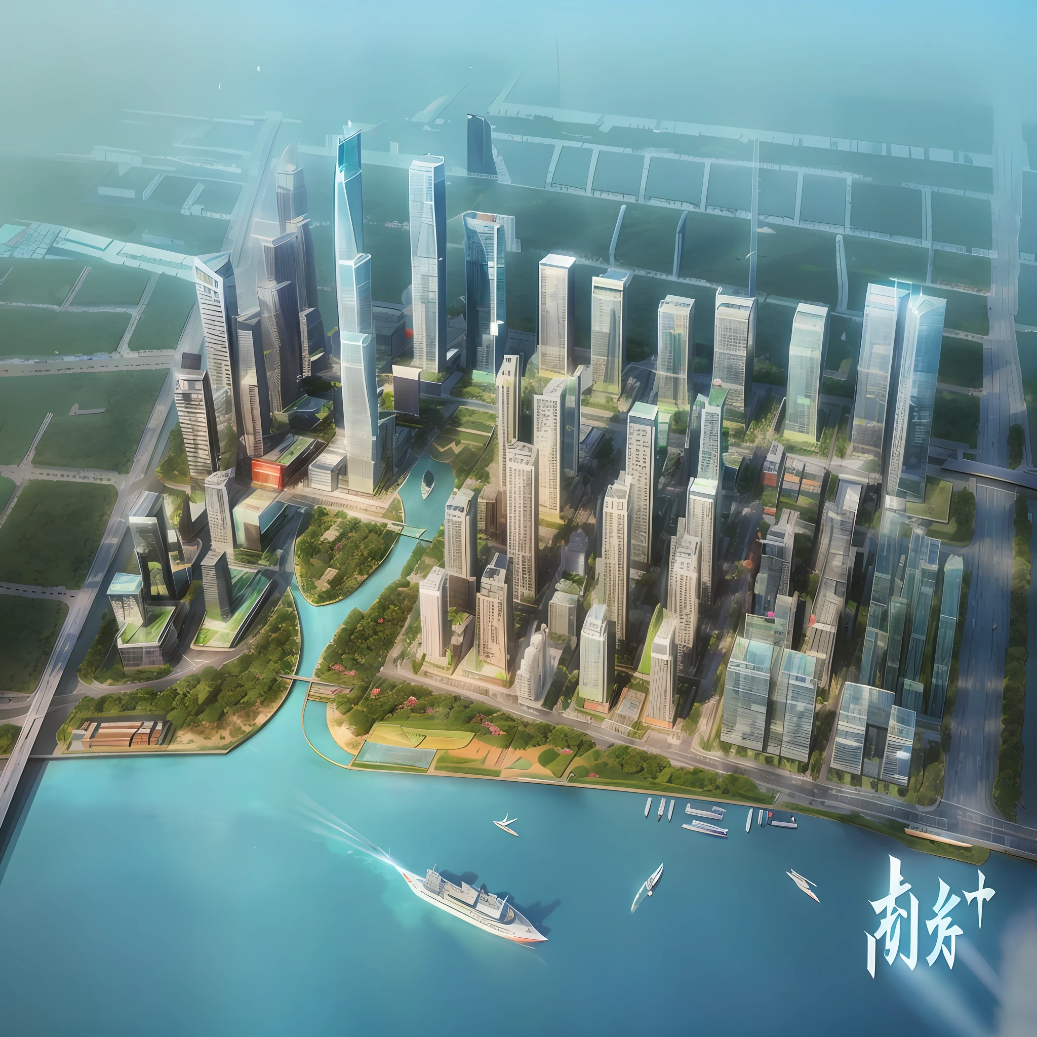 There is a big city with a ship in the middle, Guangzhou, city, mixed development, ultra-fine, ultra-realistic, meticulous, port city, tropical coastal city, super detailed, with high detail, beautiful future city, super detailed, office building, glass curtain wall, there is an island in the city, there are trees on the island, there are tall buildings on the island, greenery, trees, roads surround the city, the city at night, the office building has lights, there are ships on the office building