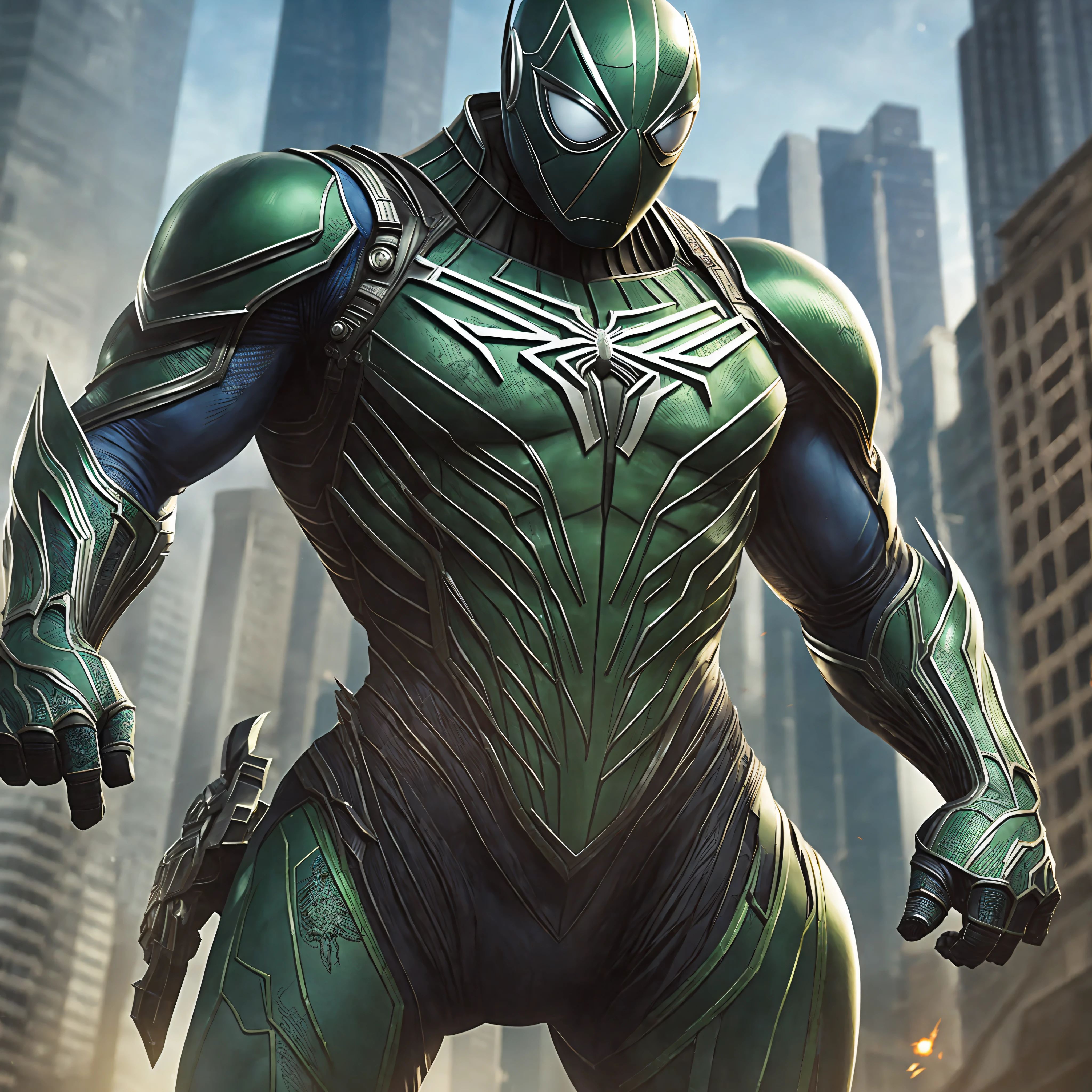 1 Spiderman green suit, muscular body, whole body. Riding on a black, highly detailed horse with cyborg armor. Hrd 8k --auto --s2