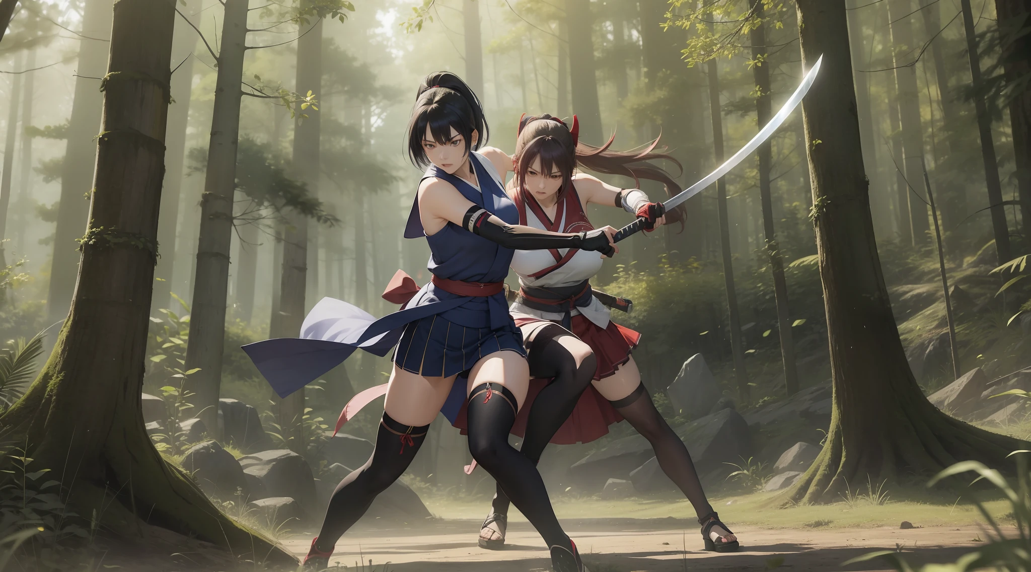 Full body shot from head to feet, duel between two female characters from Dead or Alive. Kasumi attacking Ayane with katana, with serious expression. Ayane defending with sword, wounded and killed, in pain expression. Both characters have long hairstyle. Both characters wear sleeveless kimono, obi, long gloves, short skirt, complemented by black thigh highs stockings. The background set in a deep forest, with simple effect.