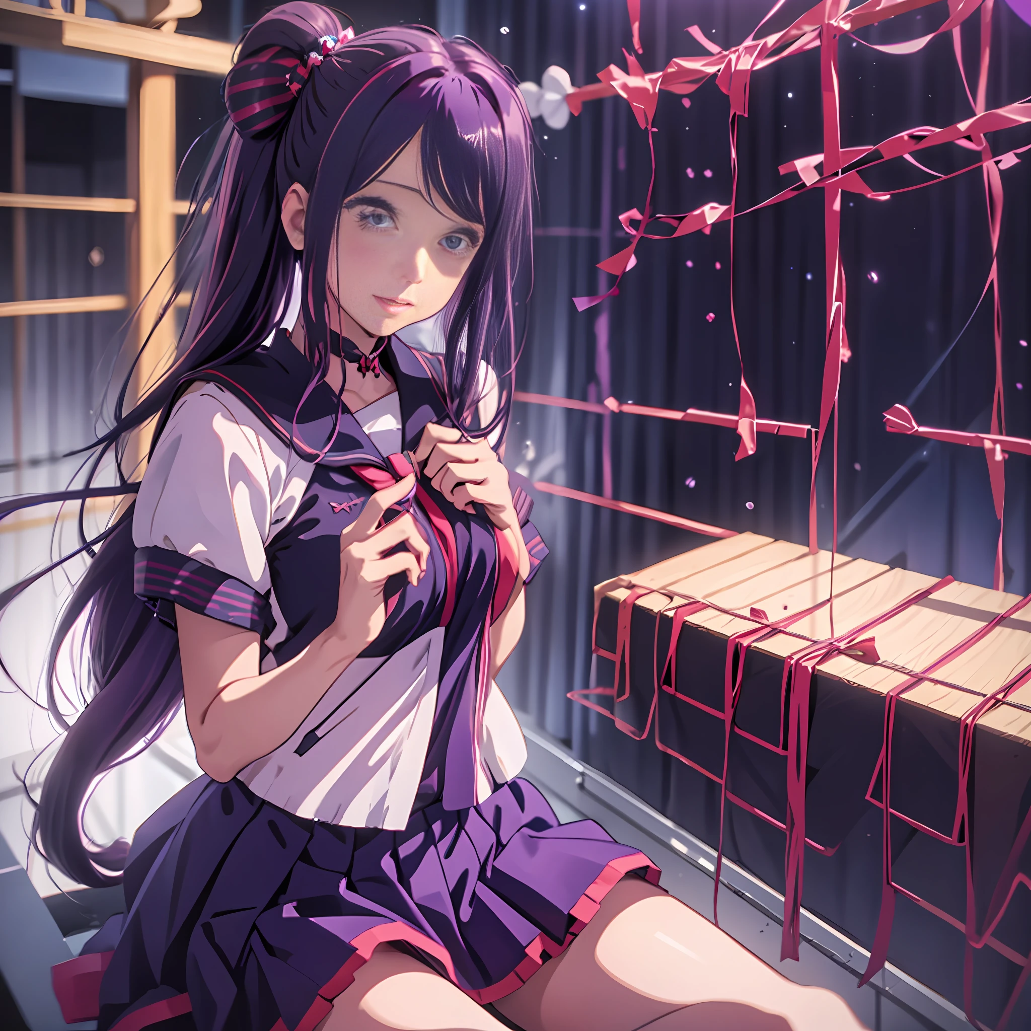 1girl, Purple hair, Hair ornament, Sailor suit, Floating hair, Dark blue pleated skirt, Ruffled skirt, Kyoto, Koto, High definition, 8K, 4K, High Quality, Anime, Beautiful Girl, Shy, Blue eyes, Hair down