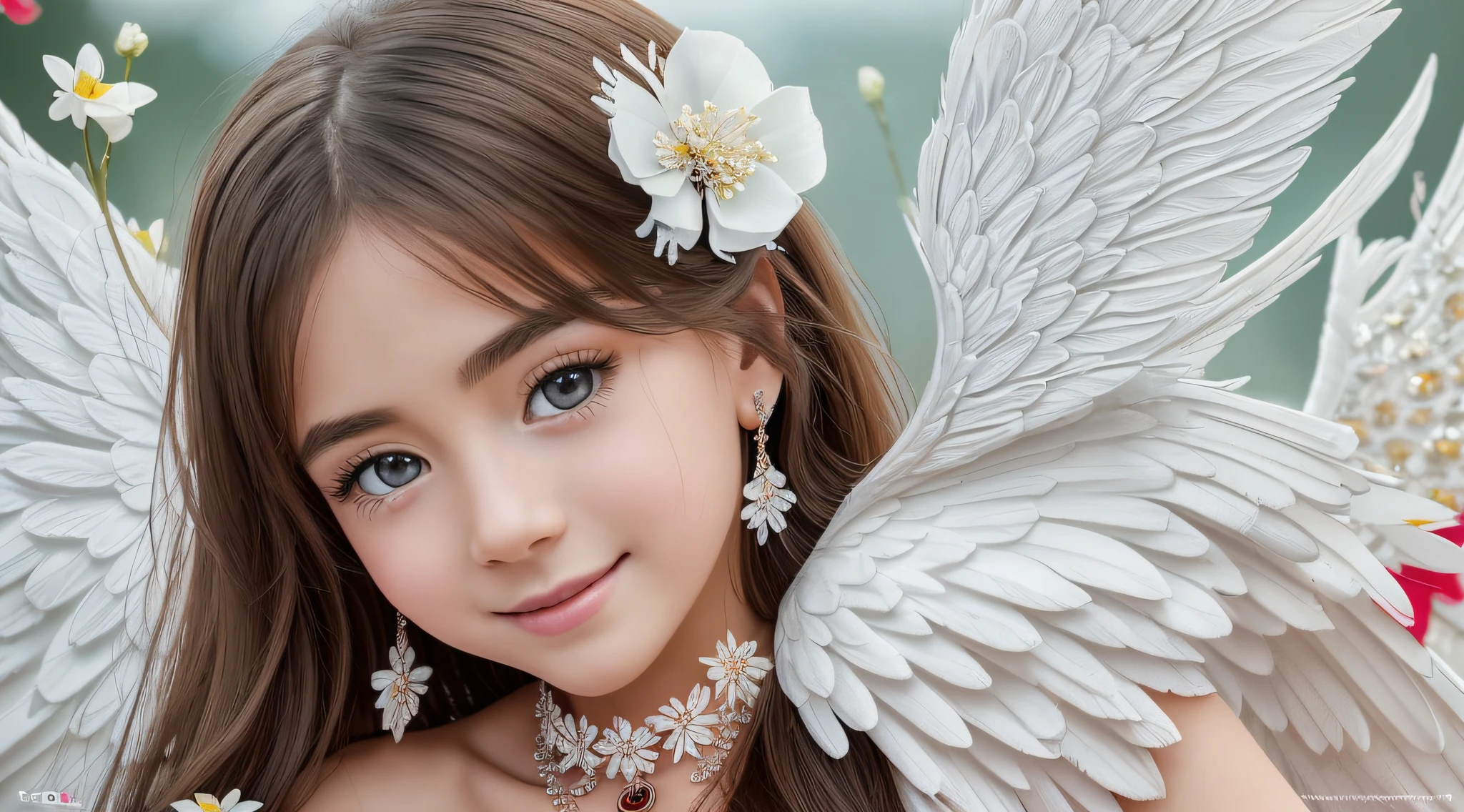 delicate, masterpiece, beautiful detailed, colorful, finely detailed, (50mm Sigma f/1.4 ZEISS lens, F1.4, 1/800s, ISO 100, fotograpy:1.1), lens flare, (photorealistic:1.1), detailed lips, intricate details, 1girl, solo, (a beautiful 8-year-old child), dark hair, (angel wings:1.4), (white wings:1.2), (symmetrical wings: 1.5), (jewelry:1.5), (necklace:1.2), (diamond:1.3), bracelet,  earrings, choker, (white thighs:1.2), (looking at the viewer:1.2), sexy pose, erotic pose, front view, (innocent smile:1.3), (covered, (on a red background1.5), sky, (detailed background), (blurred background:0.8), (white flower:1.3), (pureerosface_v1:0.85), --auto --s2