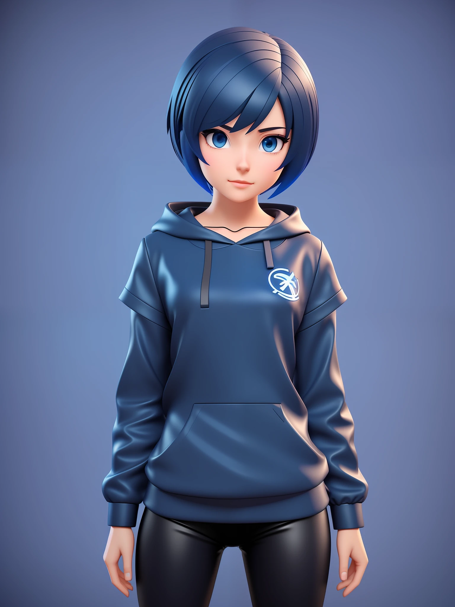 Young girl, a cartoon character light dark blue clothing, (short hair and dark blue), stylized character, animation character, stylized 3d render, 3d character, highly detailed character, stylized anime, stylized 3d, render character, character model, close up, maximum quality