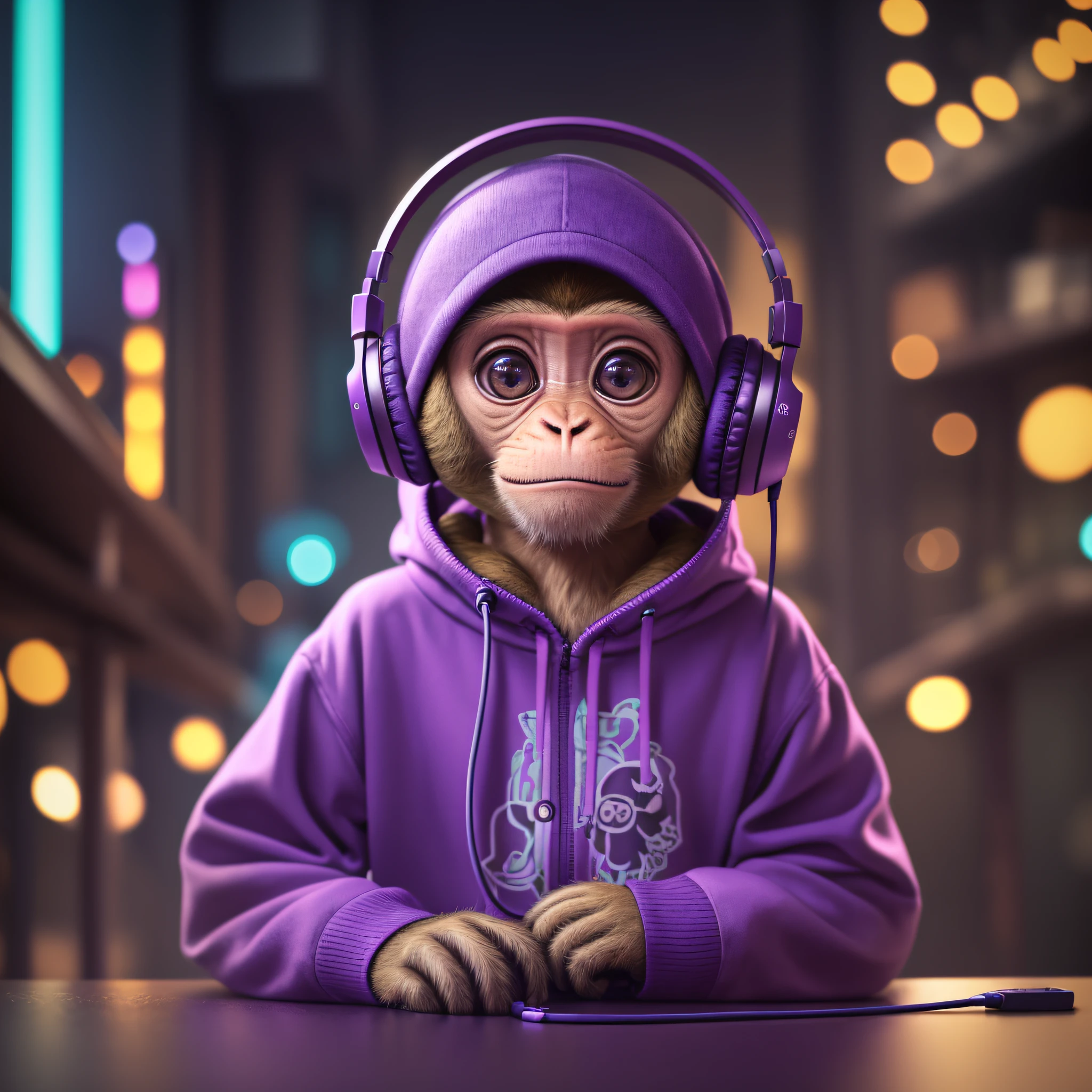 a monkey, with headphones, with young clothes, HDR, big eyes, ((hyperdetailed)), podcast table, cinematic shooting, vignette, bokeh beckground effect, neon colors blue and purple --auto --s2