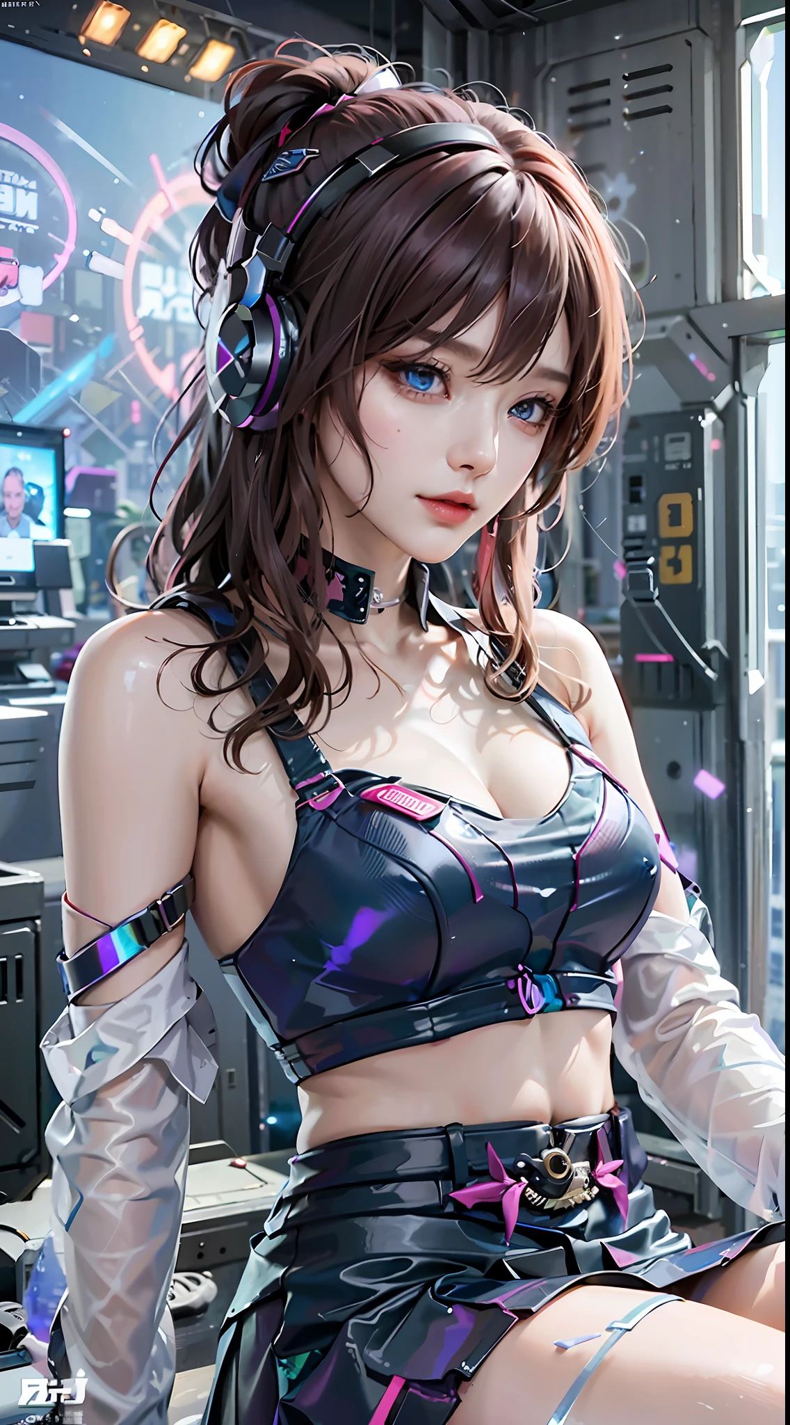 ((((7分身镜头)))),cowboy_shot,masterpiece, best quality,ultra-detailed, extremely detailed 16k CG wallpaper,beautiful face,(a esport mature demon in esport room),(perfect beautiful curvy figure),sitting,iridescent gem eyes,crescentic pupils, wearing resin holographic open coat,crop top overhang,mini Pleated skirt,Bell collar,logo,Iong hair,Contour light, concert, neon lights, audio, Bell collar,esports headphones,computer, esports room, playing games, white inside through the red skin,Holographic projection,planisphere,graffiti signs,highly detailed tattoo_,gothic,cyberpunk,fantasy,Science fiction,From the movie Matrix,Sparkling light flowing string,anti-magic three-dimensional protective shield,iridescetnt,stunning,chic,gorgeous,attractive,amazing,((((7分身镜头)))),cowboy_shot
创作信息