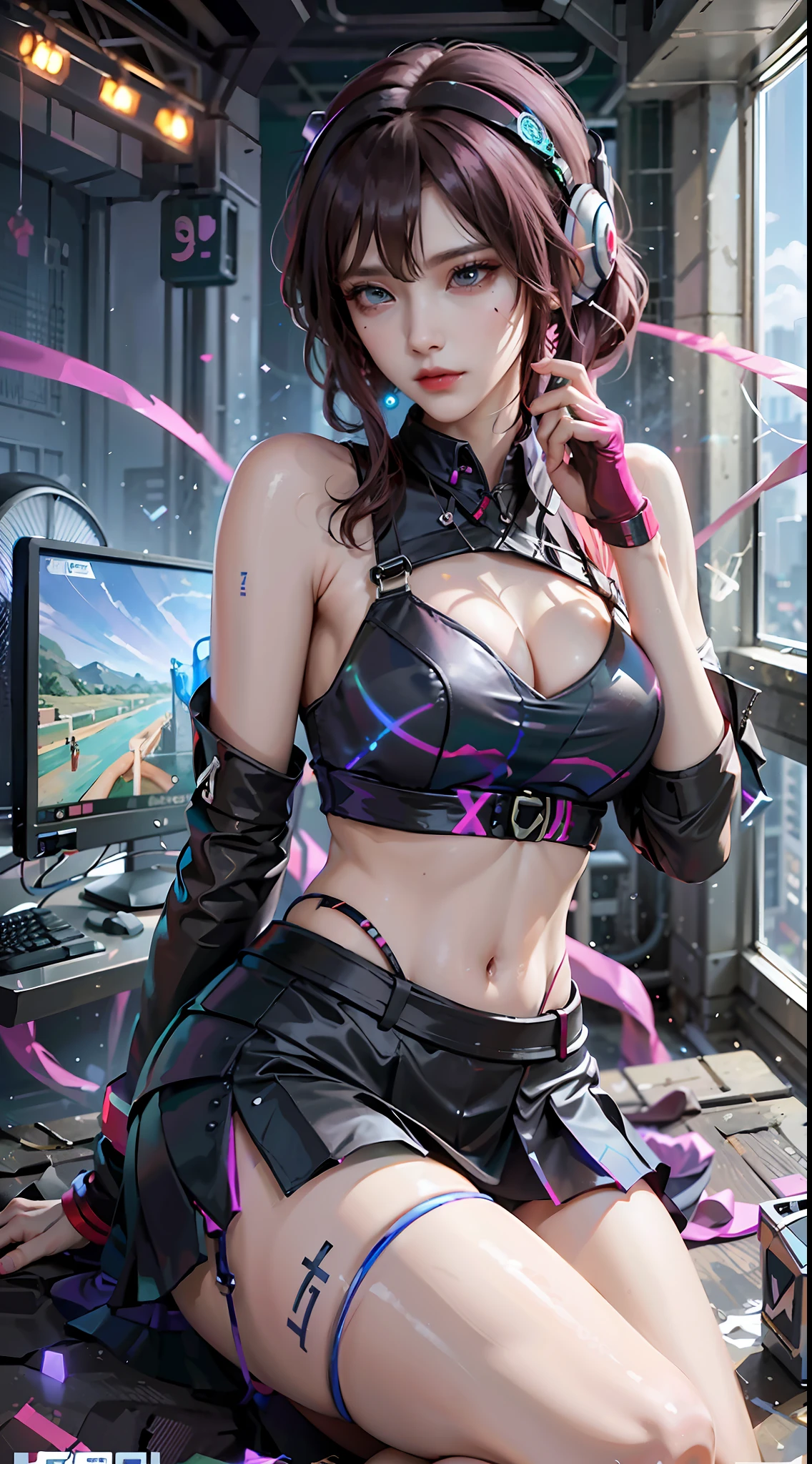 ((((7分身镜头)))),cowboy_shot,masterpiece, best quality,ultra-detailed, extremely detailed 16k CG wallpaper,beautiful face,(a esport mature demon in esport room),(perfect beautiful curvy figure),sitting,iridescent gem eyes,crescentic pupils, wearing resin holographic open coat,crop top overhang,mini Pleated skirt,Bell collar,logo,Iong hair,Contour light, concert, neon lights, audio, Bell collar,esports headphones,computer, esports room, playing games, white inside through the red skin,Holographic projection,planisphere,graffiti signs,highly detailed tattoo_,gothic,cyberpunk,fantasy,Science fiction,From the movie Matrix,Sparkling light flowing string,anti-magic three-dimensional protective shield,iridescetnt,stunning,chic,gorgeous,attractive,amazing,((((7分身镜头)))),cowboy_shot
创作信息