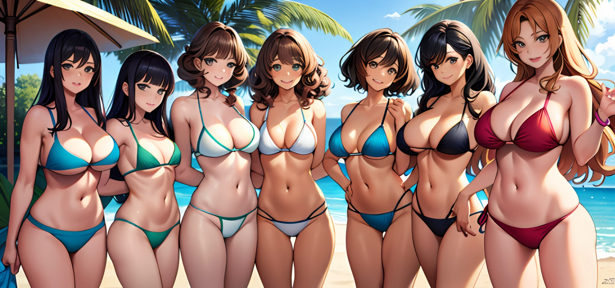 {{{masterpiece}}}, {{{{{official art}}}}}, ((best quality)), many womans, clones, group shot, curly brown hair, matching hairstyle, bikini, matching bikinis, colorful,