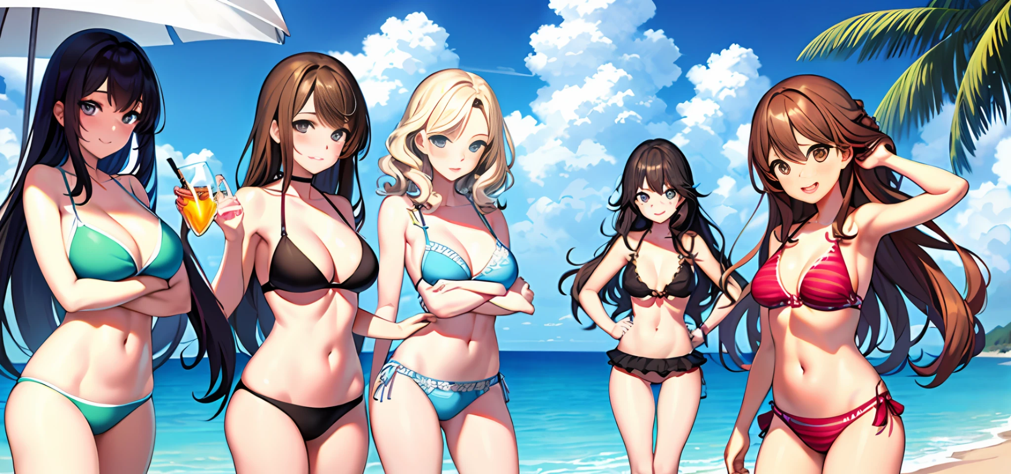 {{{masterpiece}}}, {{{{{official art}}}}}, ((best quality)), many womans, clones, group shot, curly brown hair, matching hairstyle, bikini, matching bikinis, colorful,