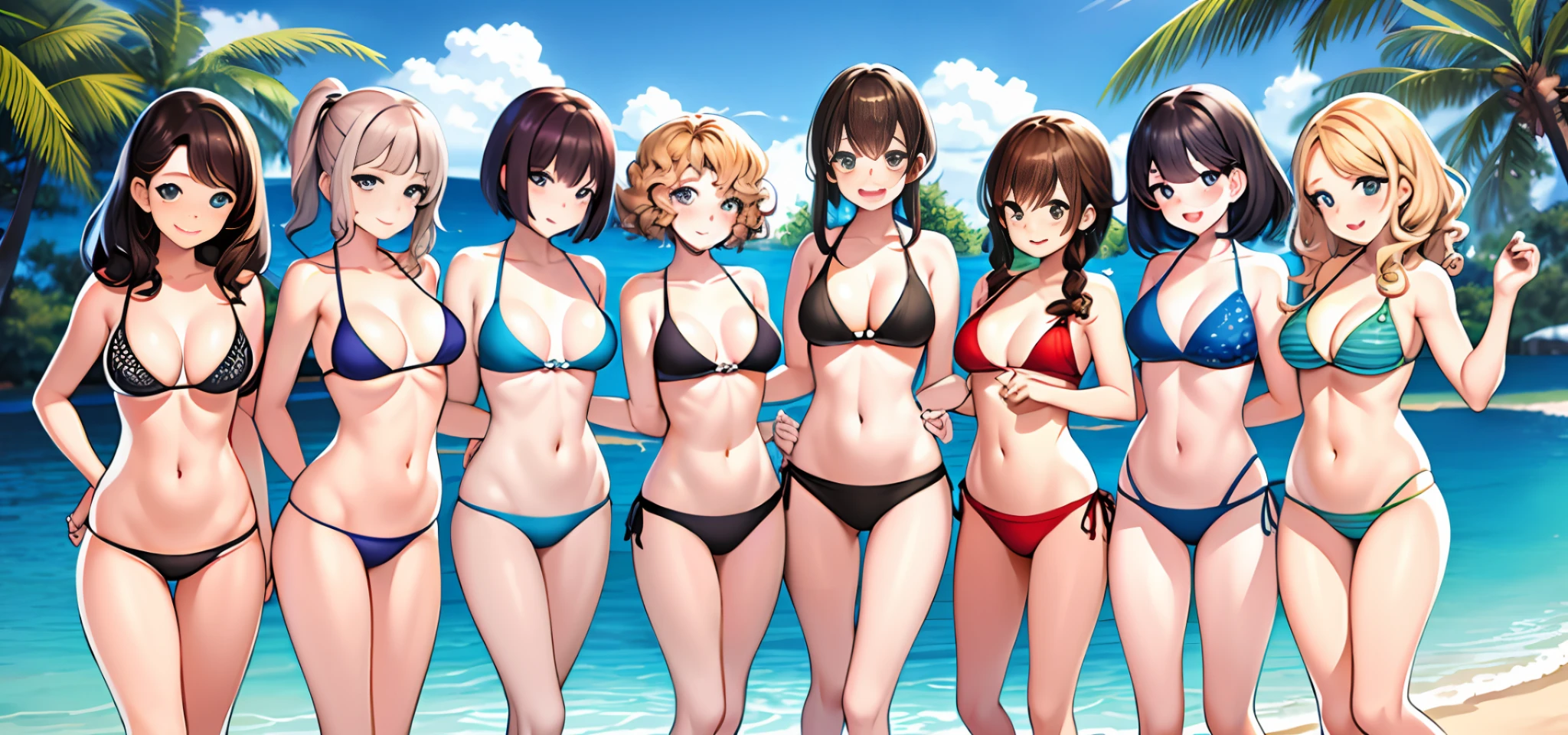{{{masterpiece}}}, {{{{{official art}}}}}, ((best quality)), many womans, clones, group shot, curly brown hair, matching hairstyle, bikini, matching bikinis, colorful,