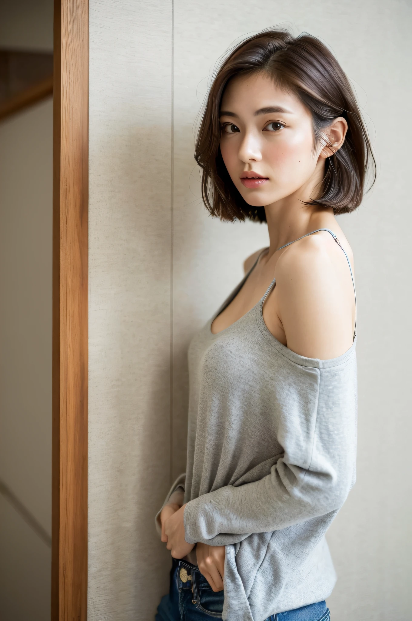 ((top quality, 8k, masterpiece: 1.3)), 1 girl, side shot: 1.2, beautiful Japan woman with slender abs: 1.3, (casual hairstyle, big: 1.2), bikini, indoor, super detailed face, detailed eyes, double eyelids, full body