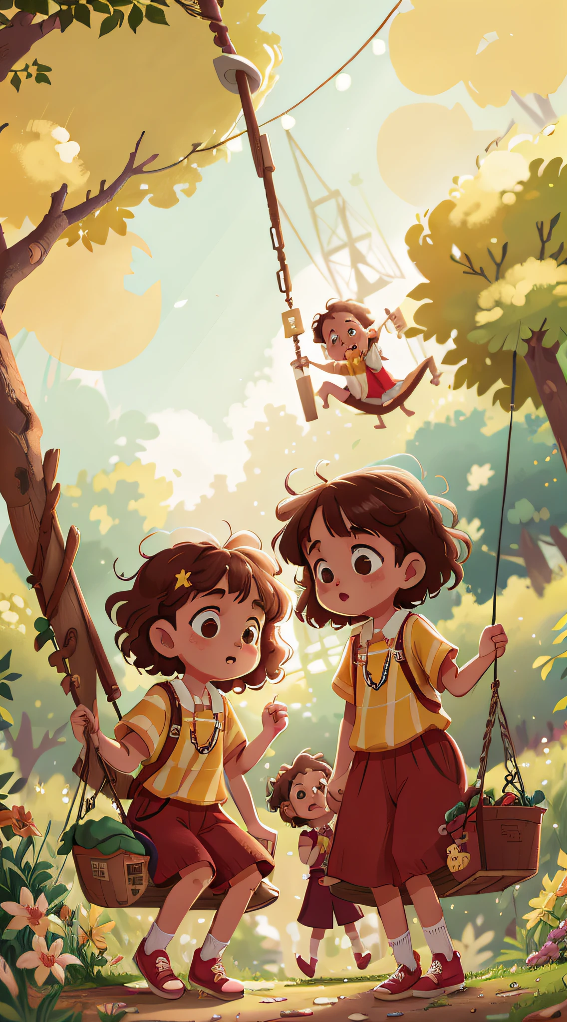 Two girls, twins, curly brown hair, on the swing of the park